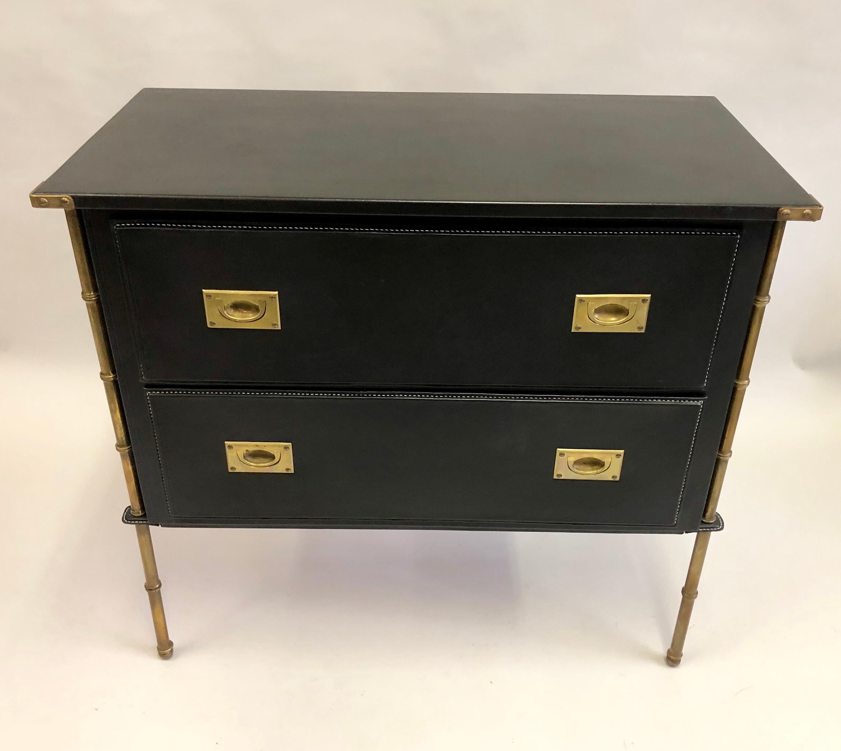 Mid-Century Modern Rare French Handstitched Leather and Brass Faux Bamboo Commode by Jacques Adnet For Sale