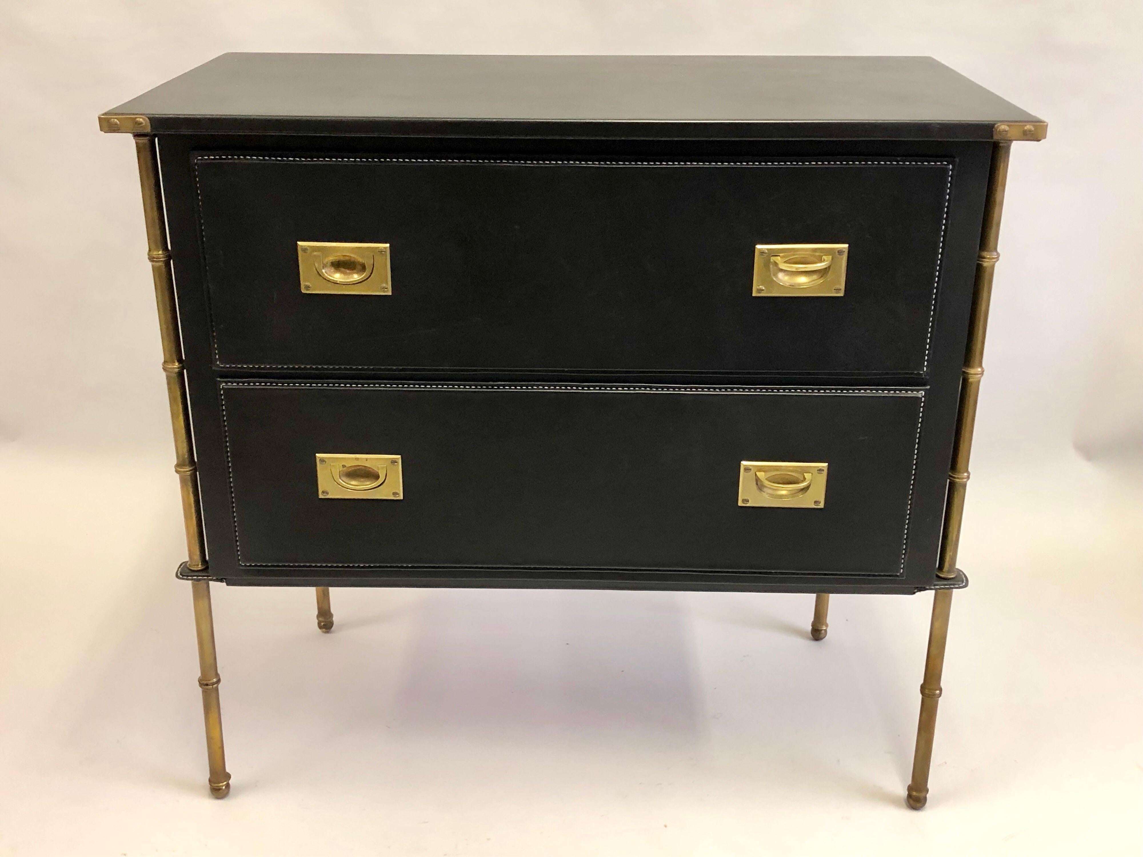 Mid-Century Modern Rare French Handstitched Leather and Brass Faux Bamboo Commode by Jacques Adnet For Sale