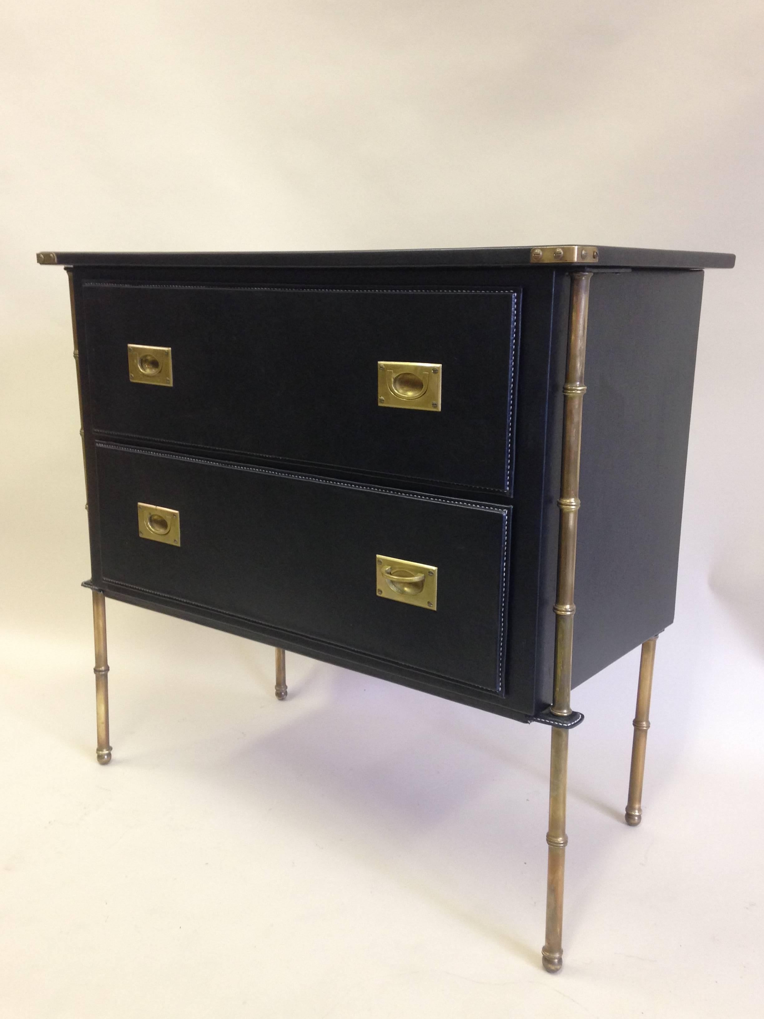 Hand-Crafted Rare French Handstitched Leather and Brass Faux Bamboo Commode by Jacques Adnet For Sale