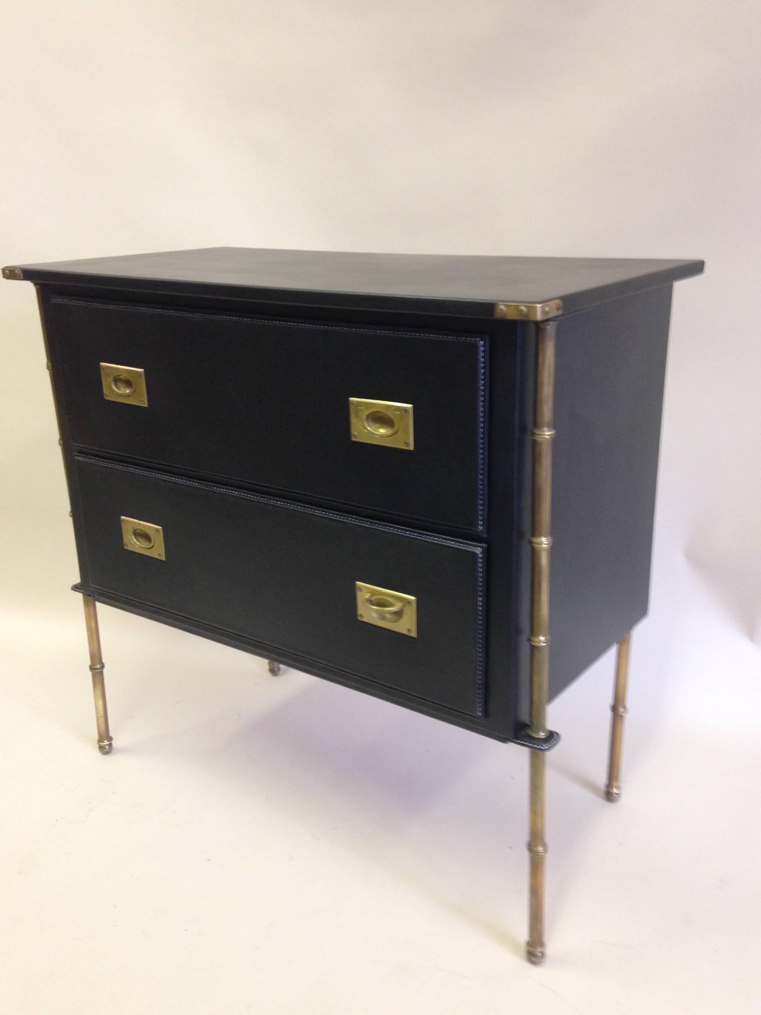 Rare French Handstitched Leather and Brass Faux Bamboo Commode by Jacques Adnet In Good Condition For Sale In New York, NY