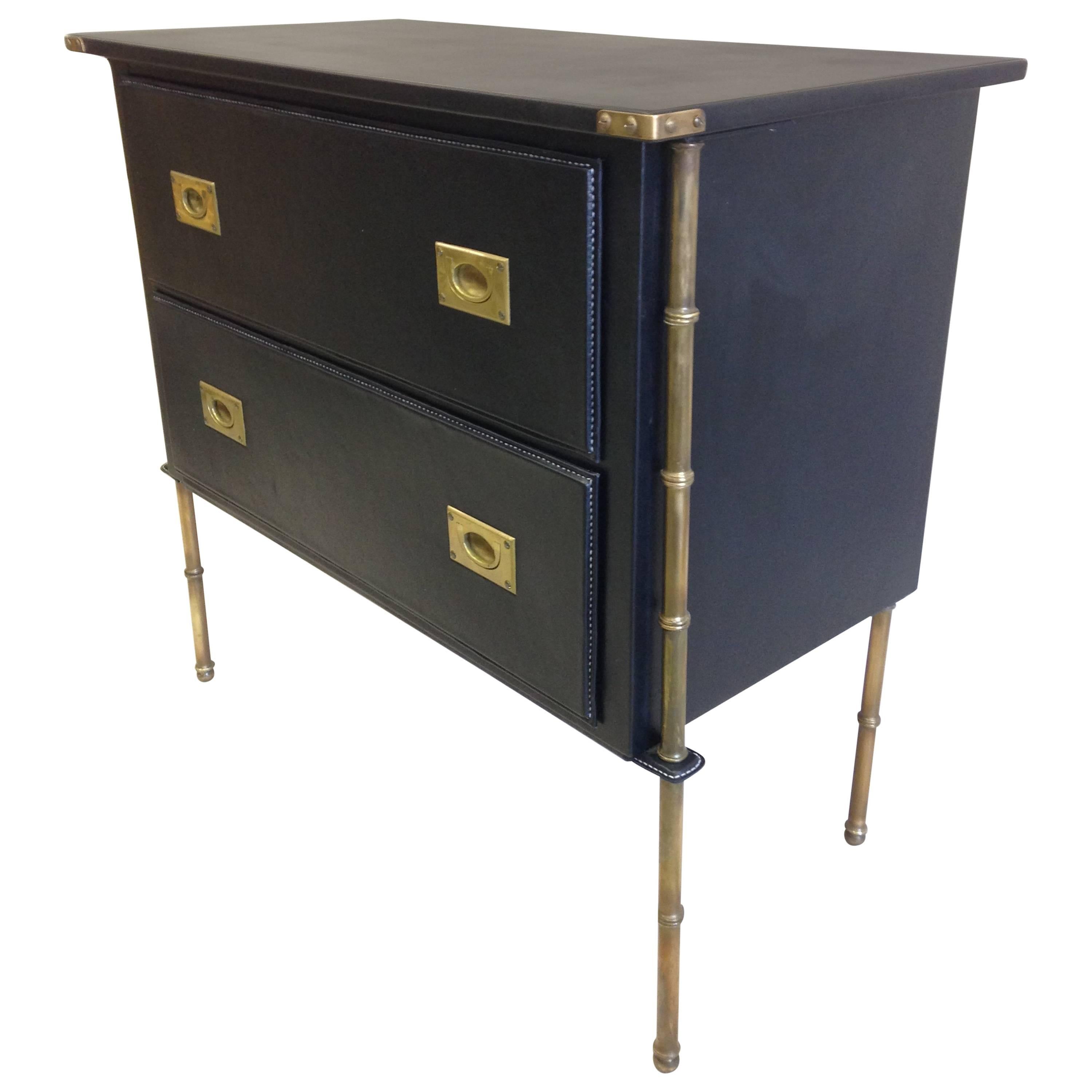 20th Century Rare French Handstitched Leather and Brass Faux Bamboo Commode by Jacques Adnet For Sale