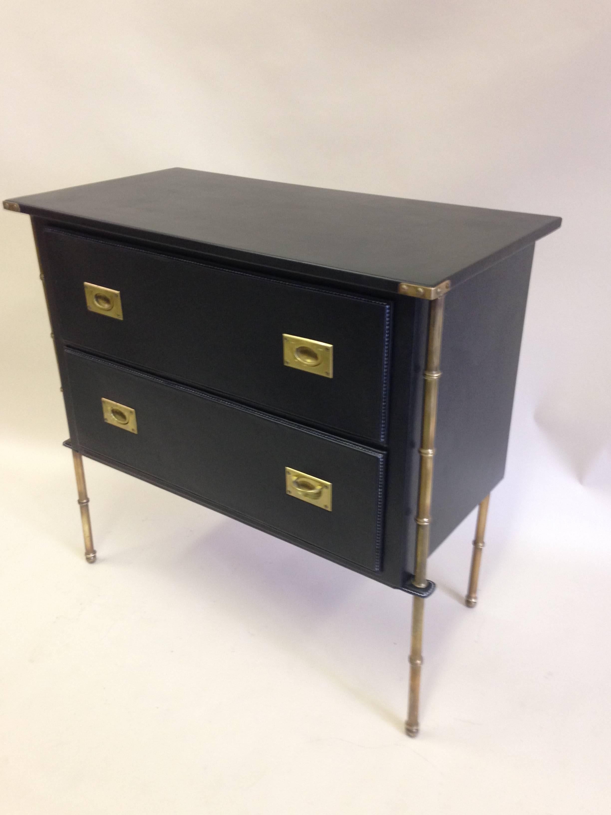Rare French Handstitched Leather and Brass Faux Bamboo Commode by Jacques Adnet For Sale 1