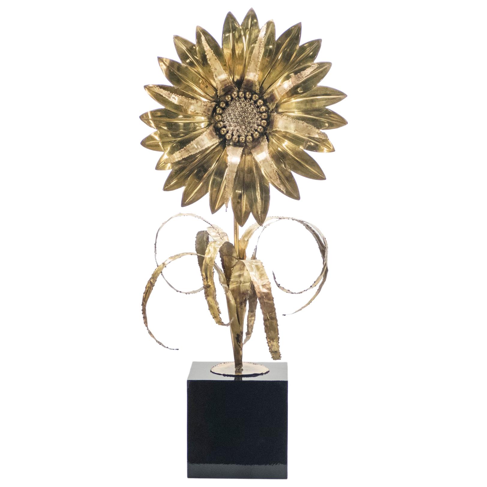Rare French Hollywood Regency Brass Maison Jansen Sunflower Table Lamp, 1970s