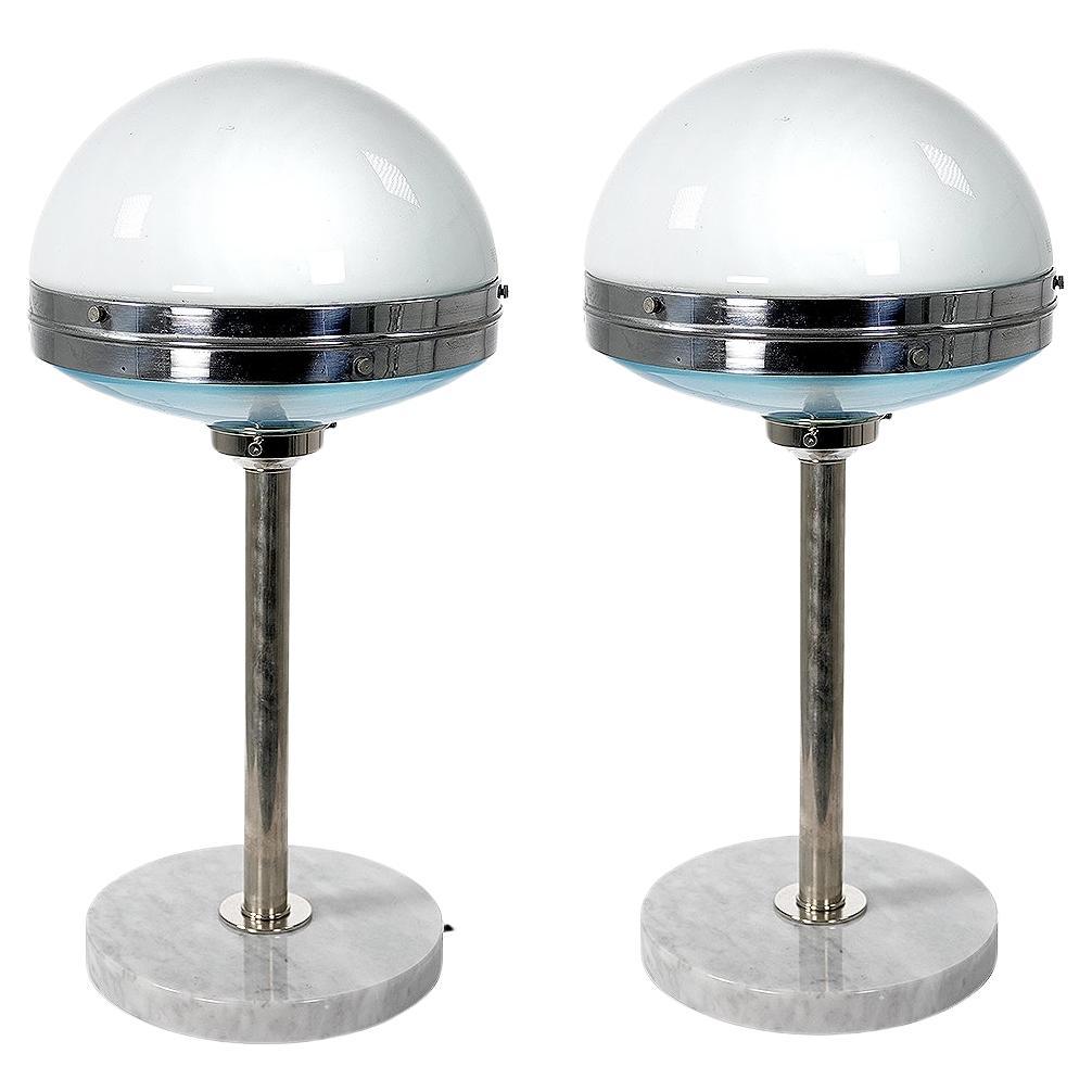 Rare lampe de bureau déco fran�çaise Ilrin bleu et verre dépoli