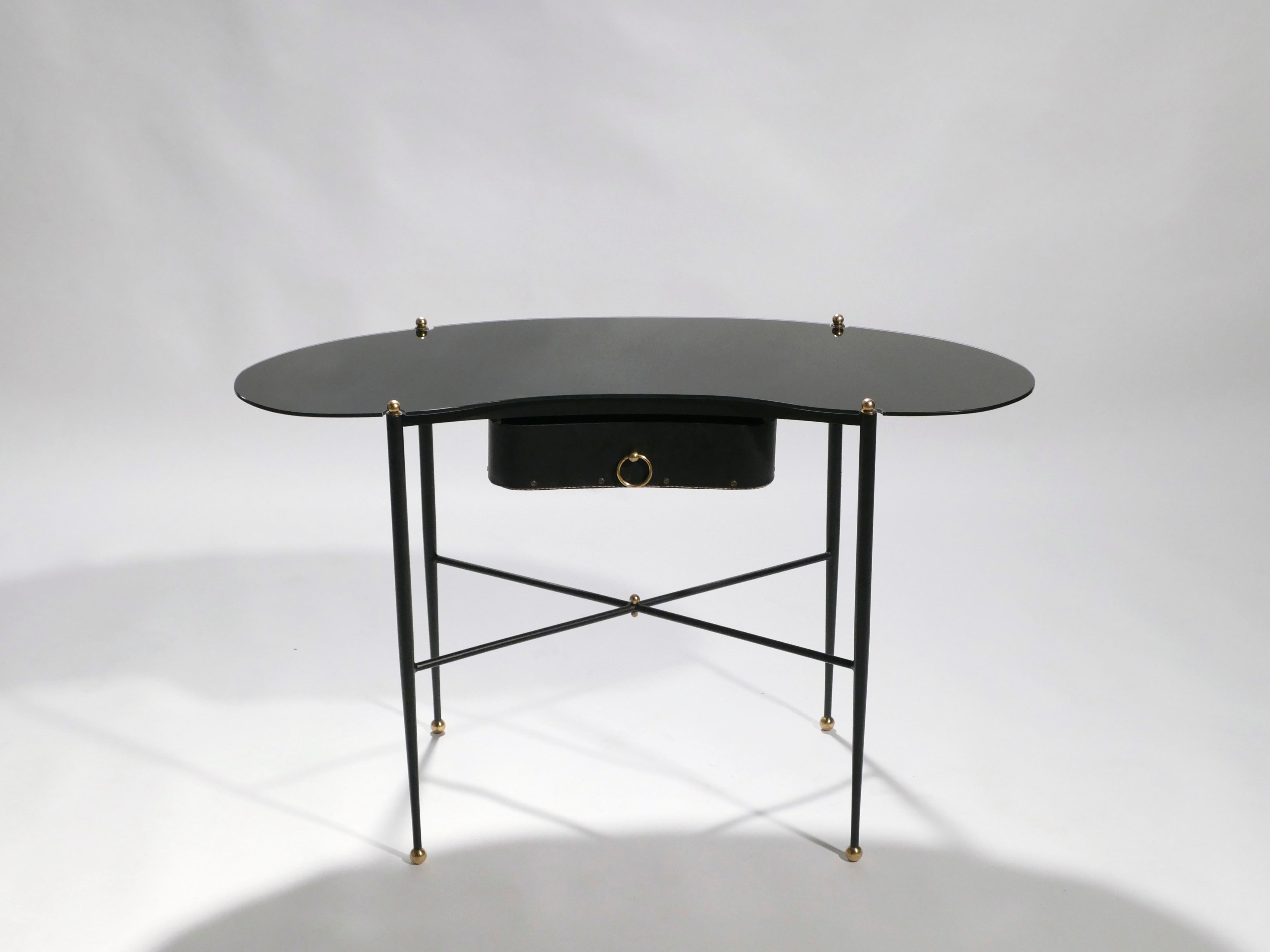 Mid-Century Modern Rare French Jacques Adnet Leather Desk Vanity with Stool, 1940s