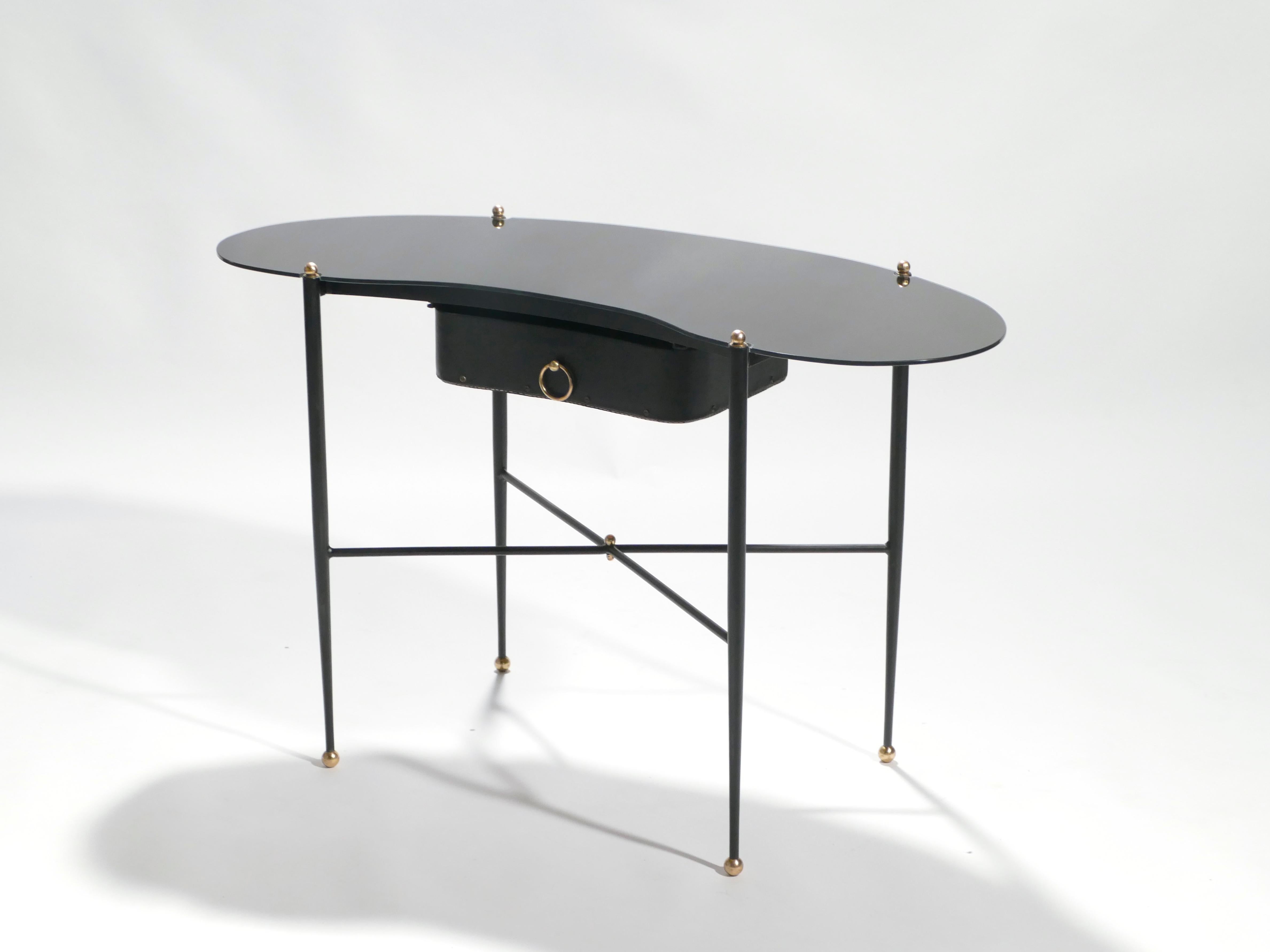 Brass Rare French Jacques Adnet Leather Desk Vanity with Stool, 1940s