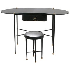 Rare French Jacques Adnet Leather Desk Vanity with Stool, 1940s