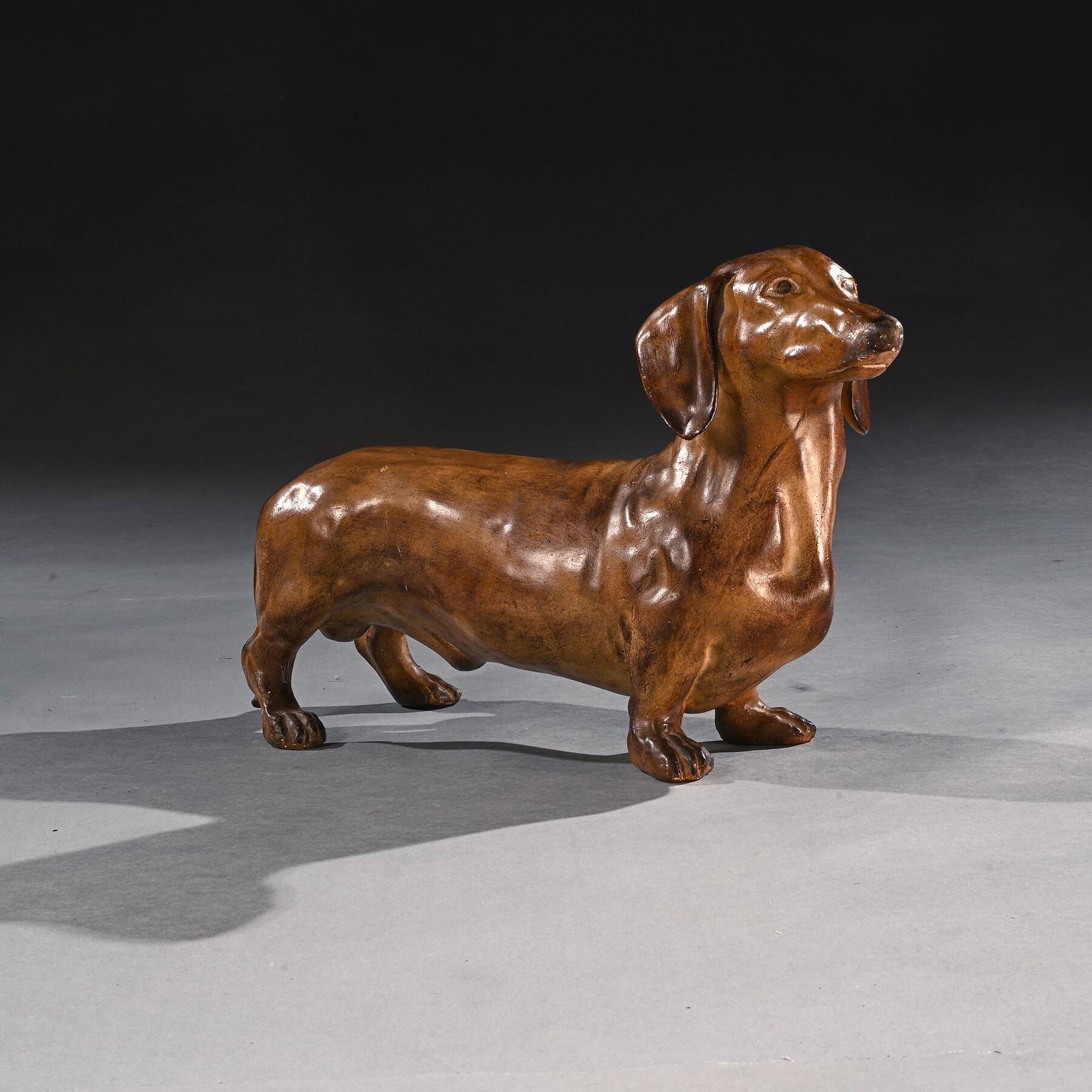 Rare French Life-like Glazed Terracotta Sculpture of a Dachshund Dog In Good Condition For Sale In Benington, Herts