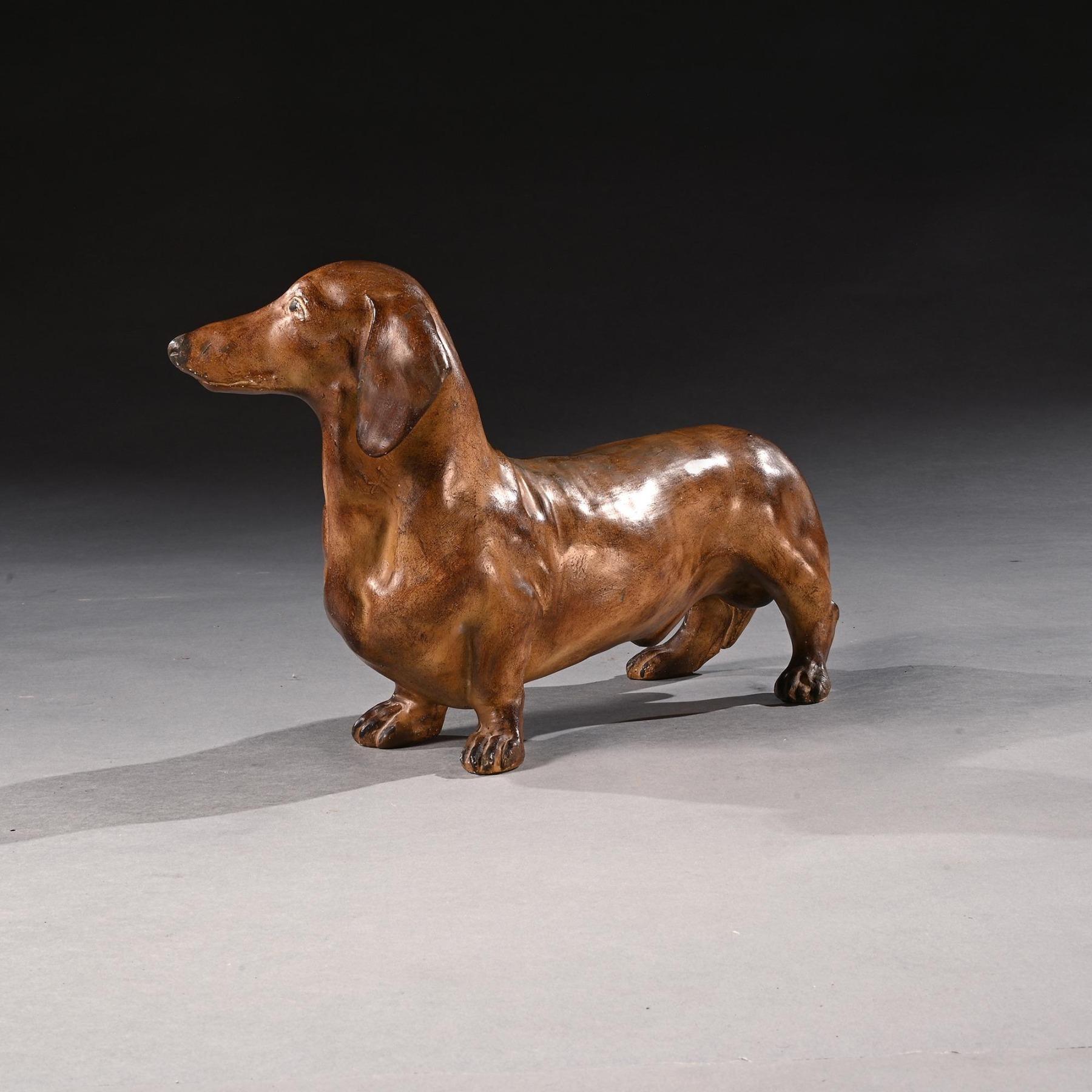 Early 20th Century Rare French Life-like Glazed Terracotta Sculpture of a Dachshund Dog For Sale
