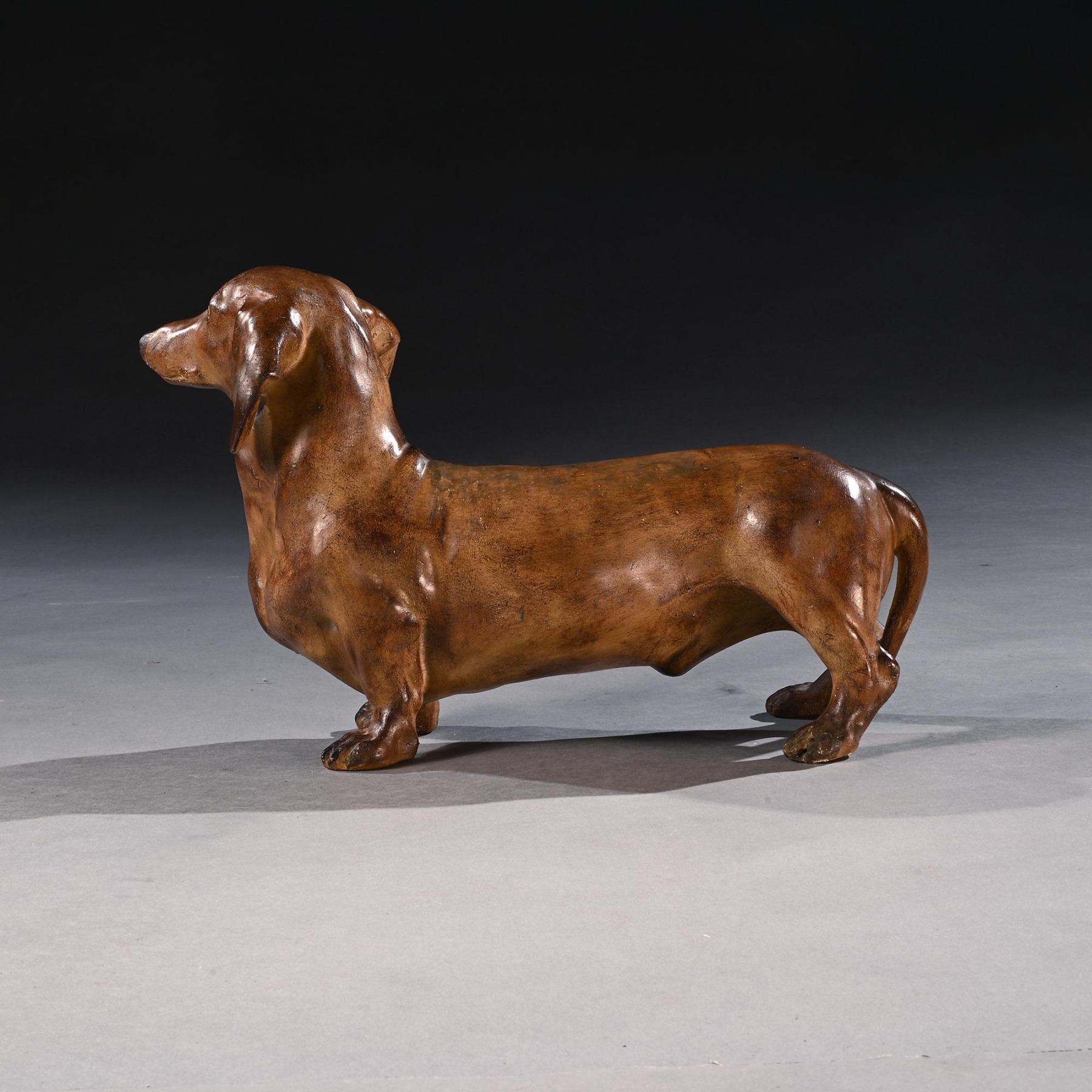 Ceramic Rare French Life-like Glazed Terracotta Sculpture of a Dachshund Dog For Sale