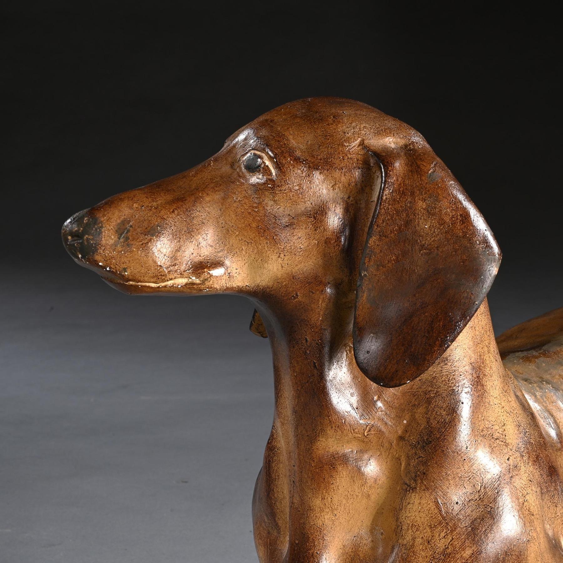Ceramic Rare French Life-like Glazed Terracotta Sculpture of a Dachshund Dog