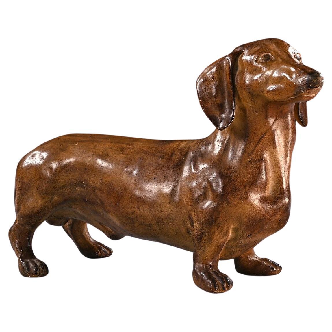 Rare French Life-like Glazed Terracotta Sculpture of a Dachshund Dog