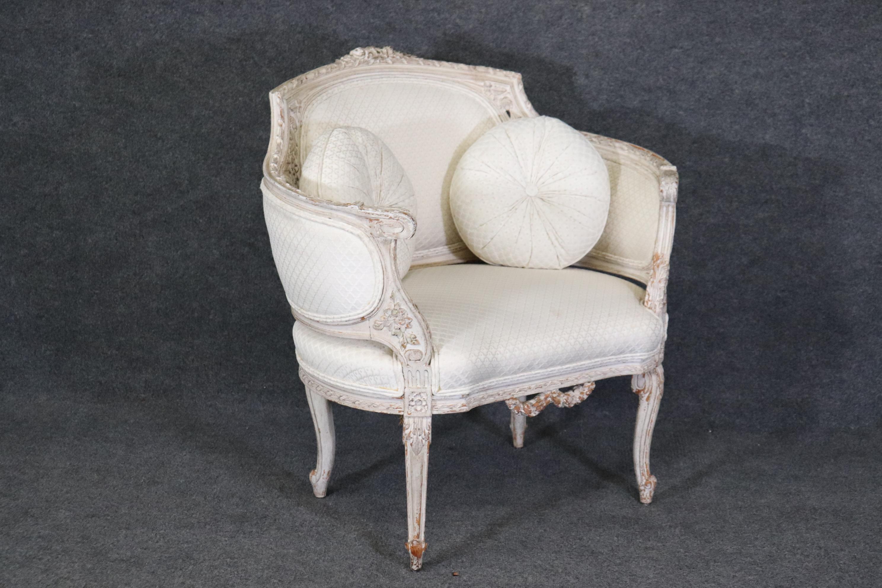 Walnut Rare French Louis XV Paint Decorated Corbielle Style Bergere Club Chair For Sale