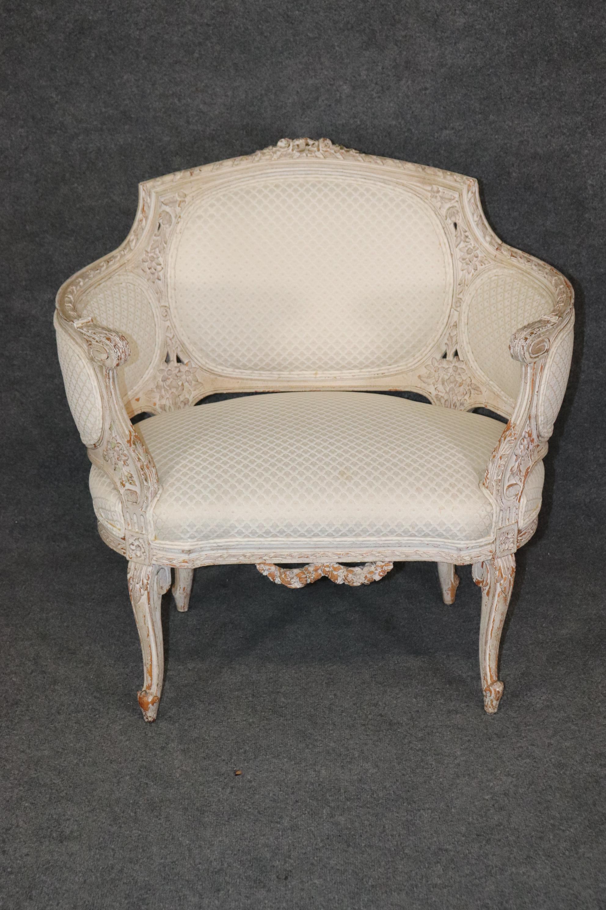Rare French Louis XV Paint Decorated Corbielle Style Bergere Club Chair For Sale 2