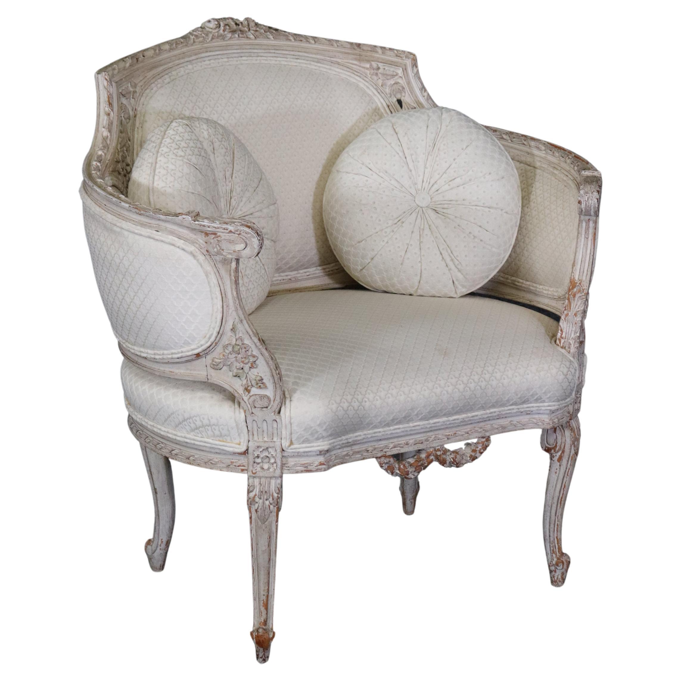 Rare French Louis XV Paint Decorated Corbielle Style Bergere Club Chair For Sale