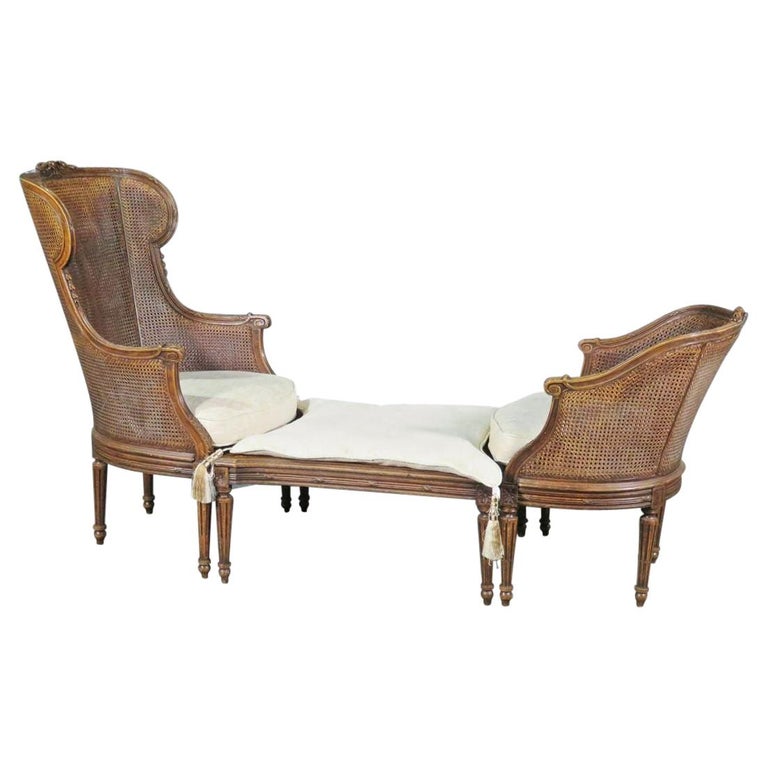 Rare French Louis XVI Carved Walnut Caned Duchess Brisee 3 PC Chaise Daybed For Sale