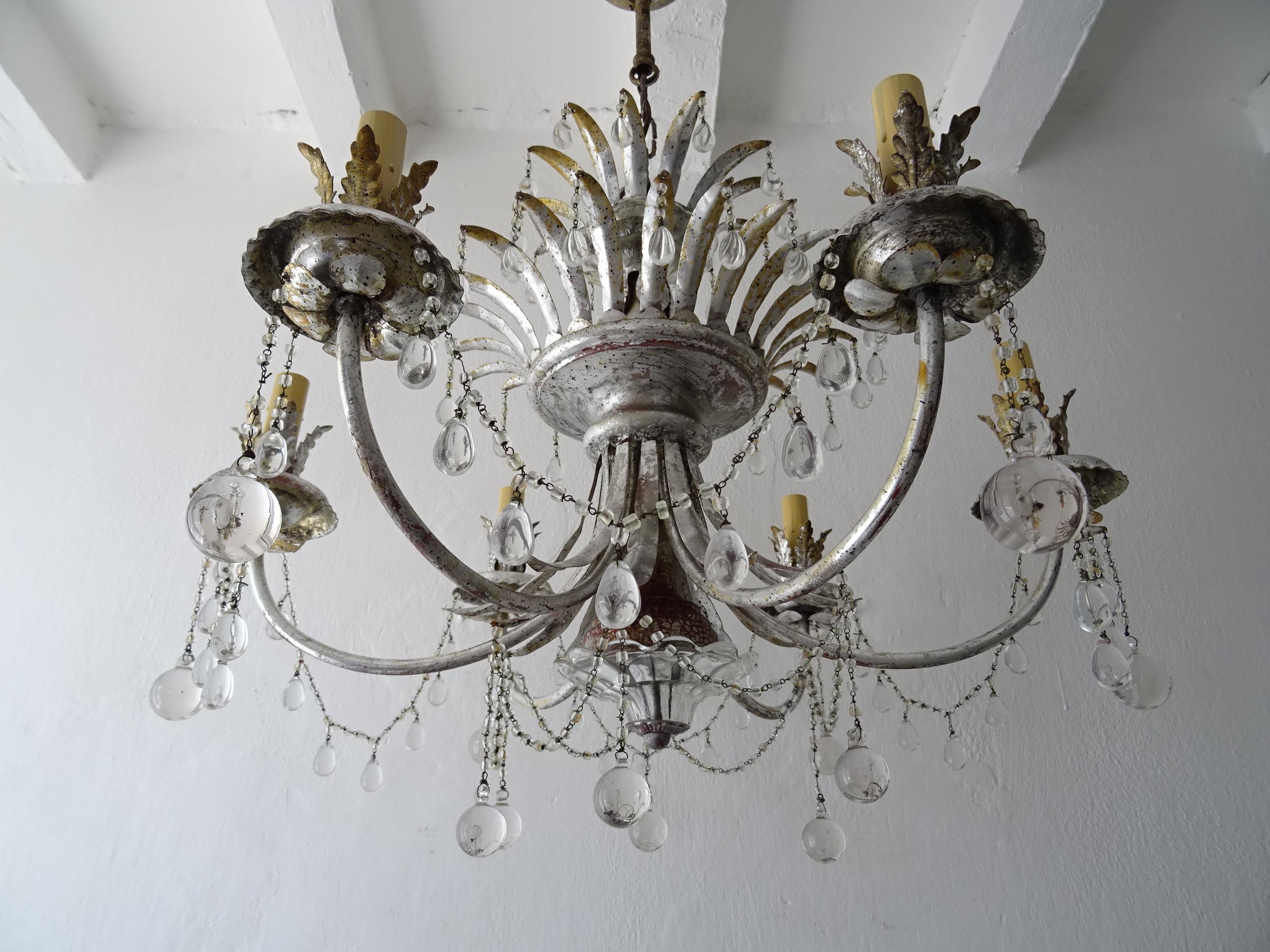 Rare French Maison 1940s Baguès Silver Crystal Chains Drops Signed Chandelier For Sale 1