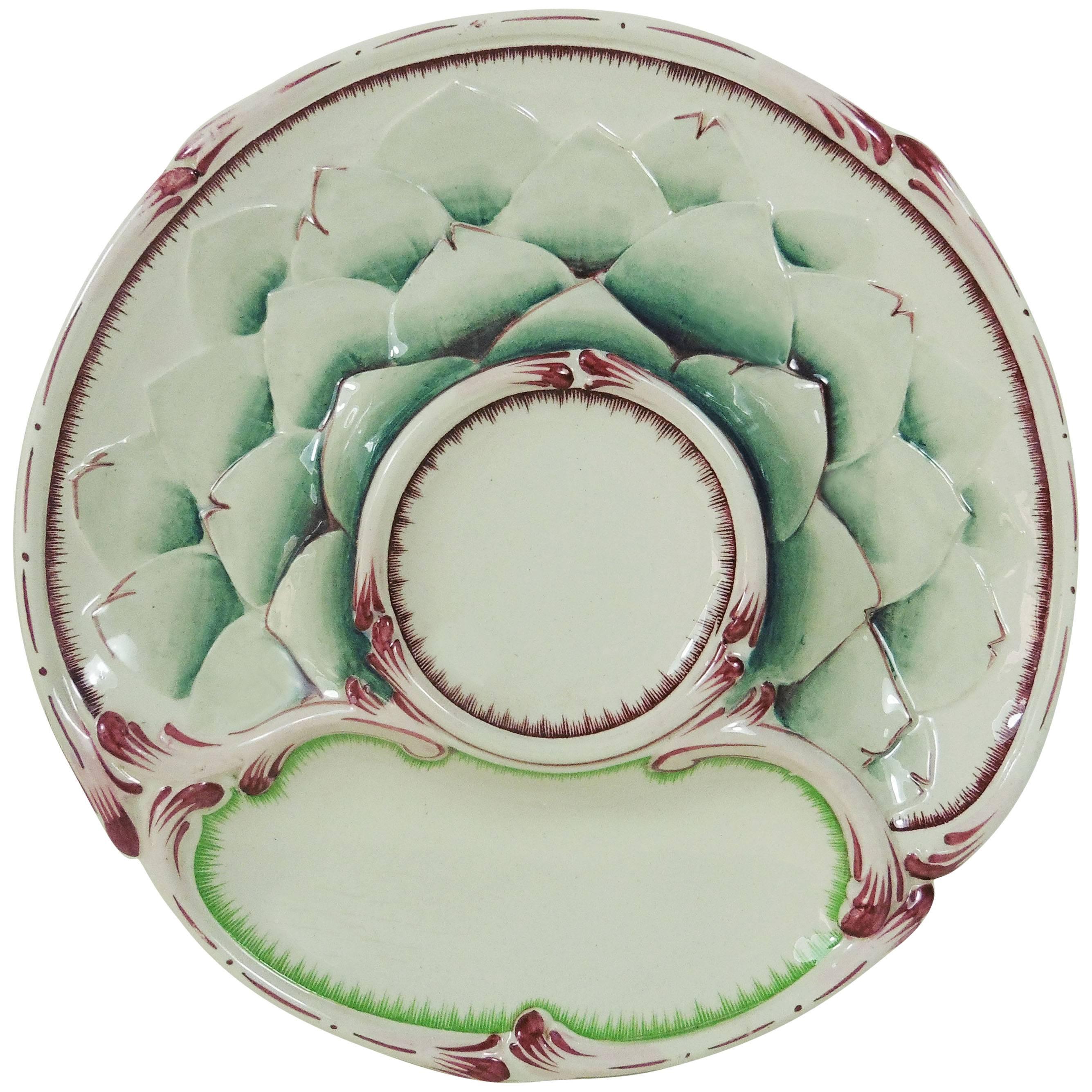 Ceramic Rare French Majolica Artichoke Plate Longchamp, circa 1890 For Sale