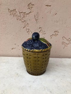 Rare French Majolica Blackberries Basket signed Sarreguemines circa 1920