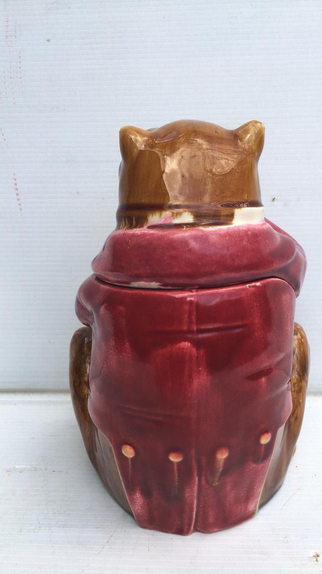 Rare French Majolica bulldog wearing a red jacket tobacco jar circa 1890.