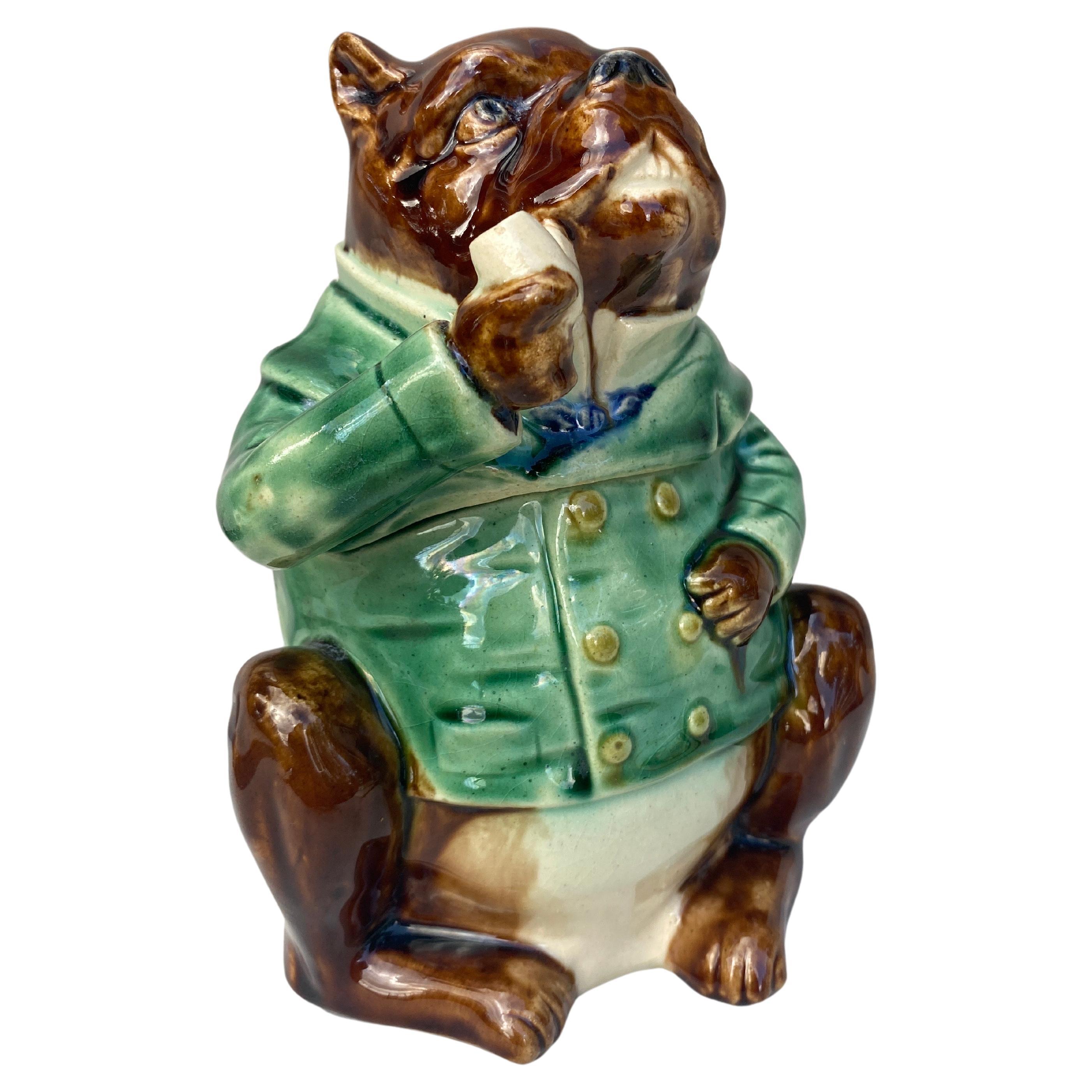 Rustic Rare French Majolica Bulldog Tobacco Jar, Circa 1890 For Sale
