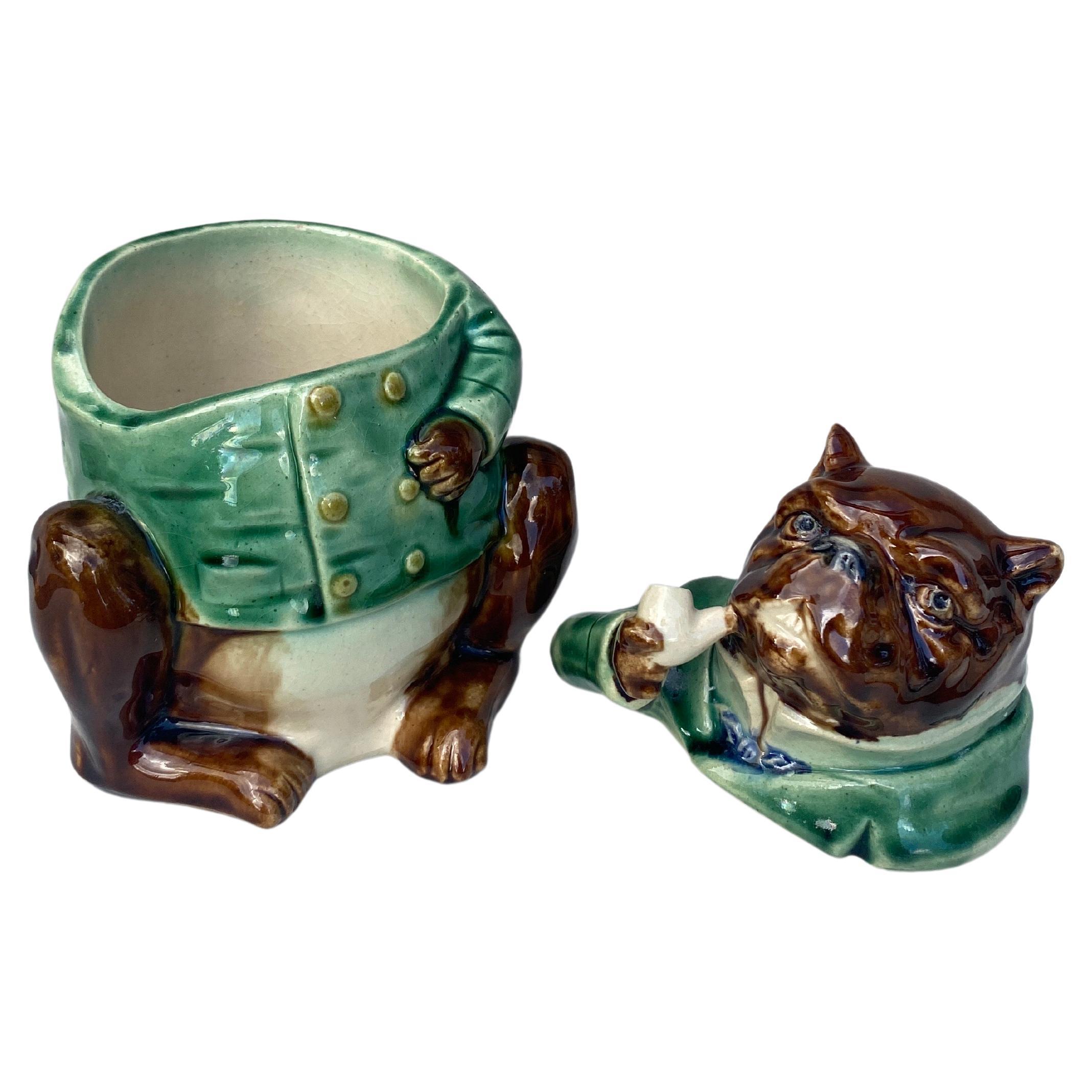 Ceramic Rare French Majolica Bulldog Tobacco Jar, Circa 1890 For Sale