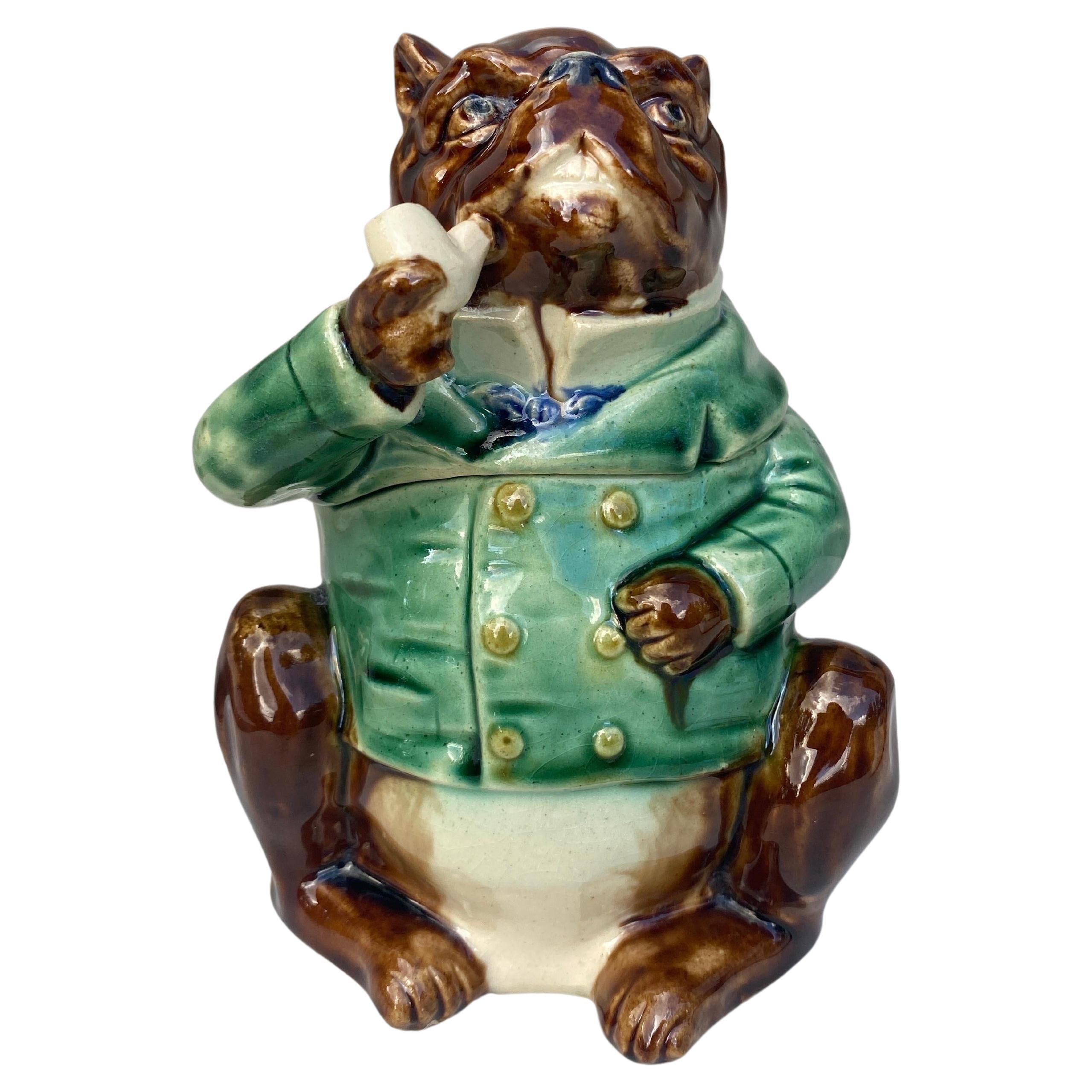 Rare French Majolica Bulldog Tobacco Jar, Circa 1890 For Sale