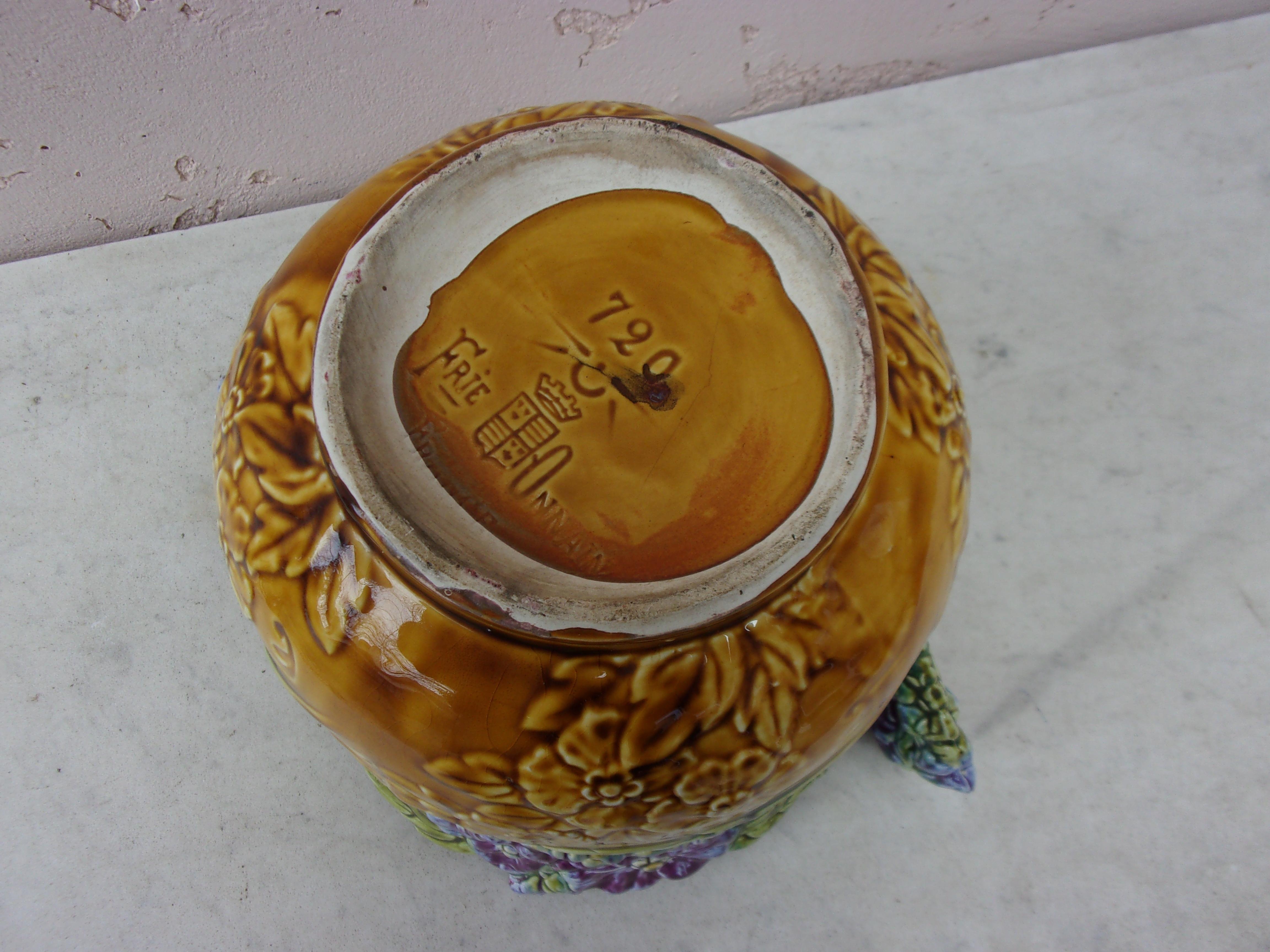 Rare French Majolica Cache Pot with Purple Flowers Onnaing, circa 1890 For Sale 3