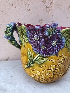 Rare French Majolica Cache Pot with Purple Flowers Onnaing, circa 1890