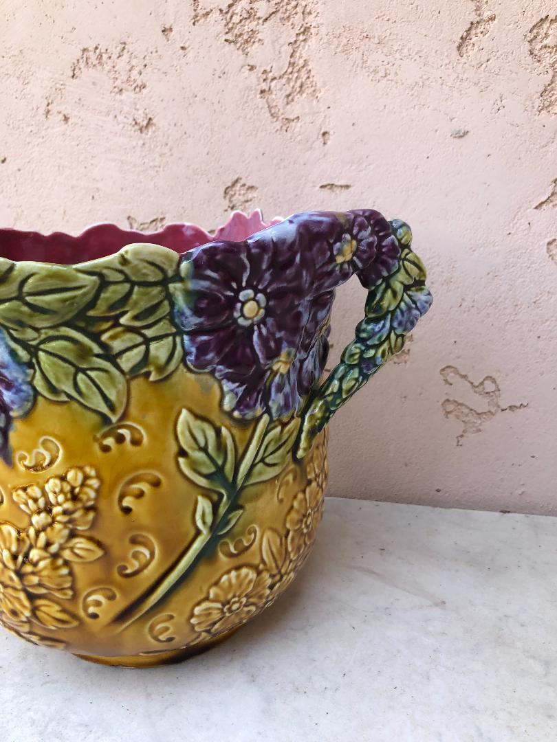 Late 19th Century Rare French Majolica Cache Pot with Purple Flowers Onnaing, circa 1890 For Sale