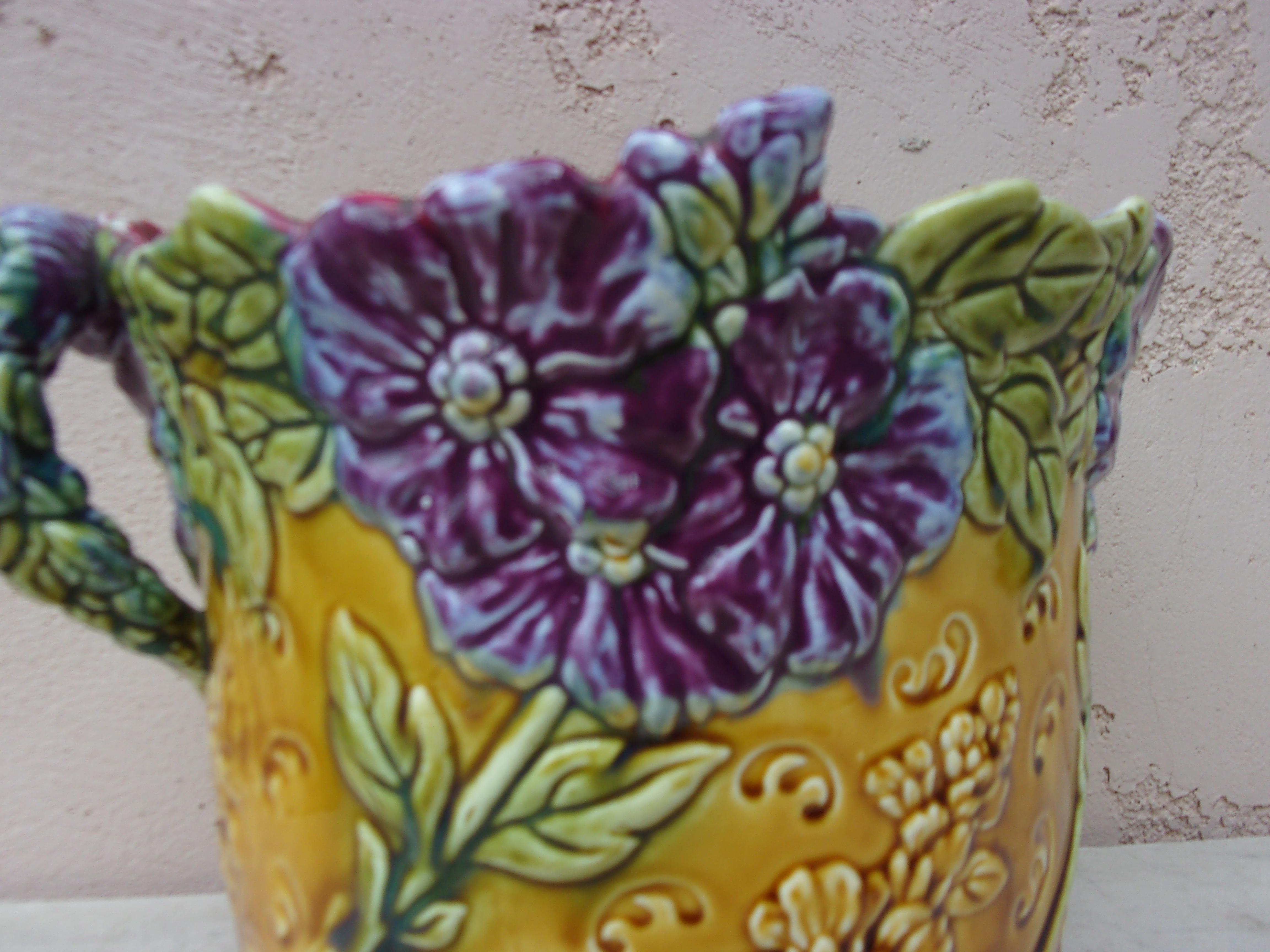 Ceramic Rare French Majolica Cache Pot with Purple Flowers Onnaing, circa 1890 For Sale