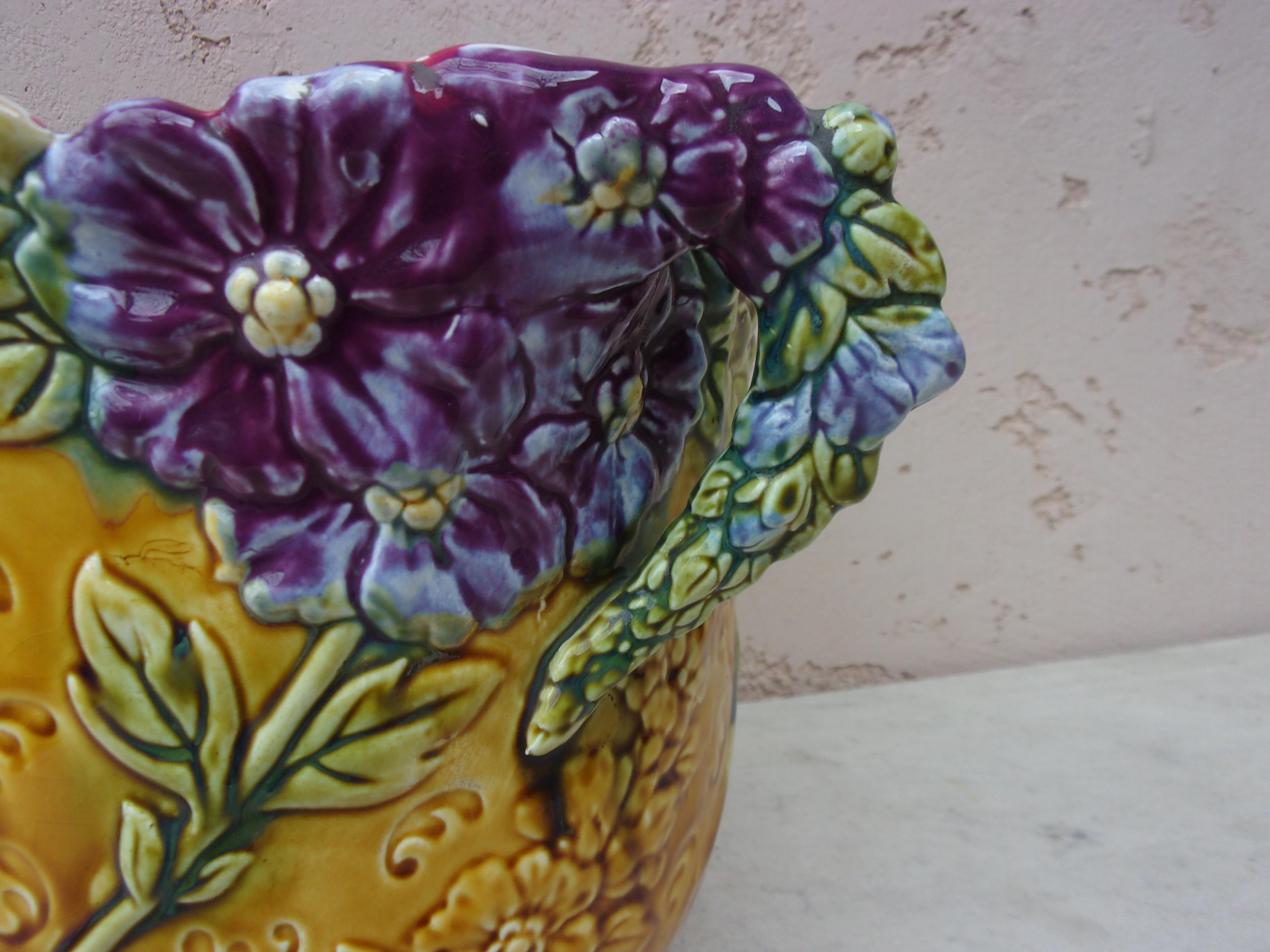 Art Nouveau Rare French Majolica Cache Pot with Purple Flowers Onnaing, circa 1890 For Sale