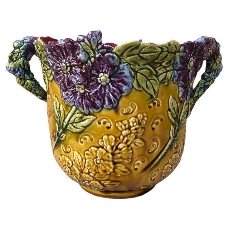 Rare French Majolica Cache Pot with Purple Flowers Onnaing, circa 1890 For Sale