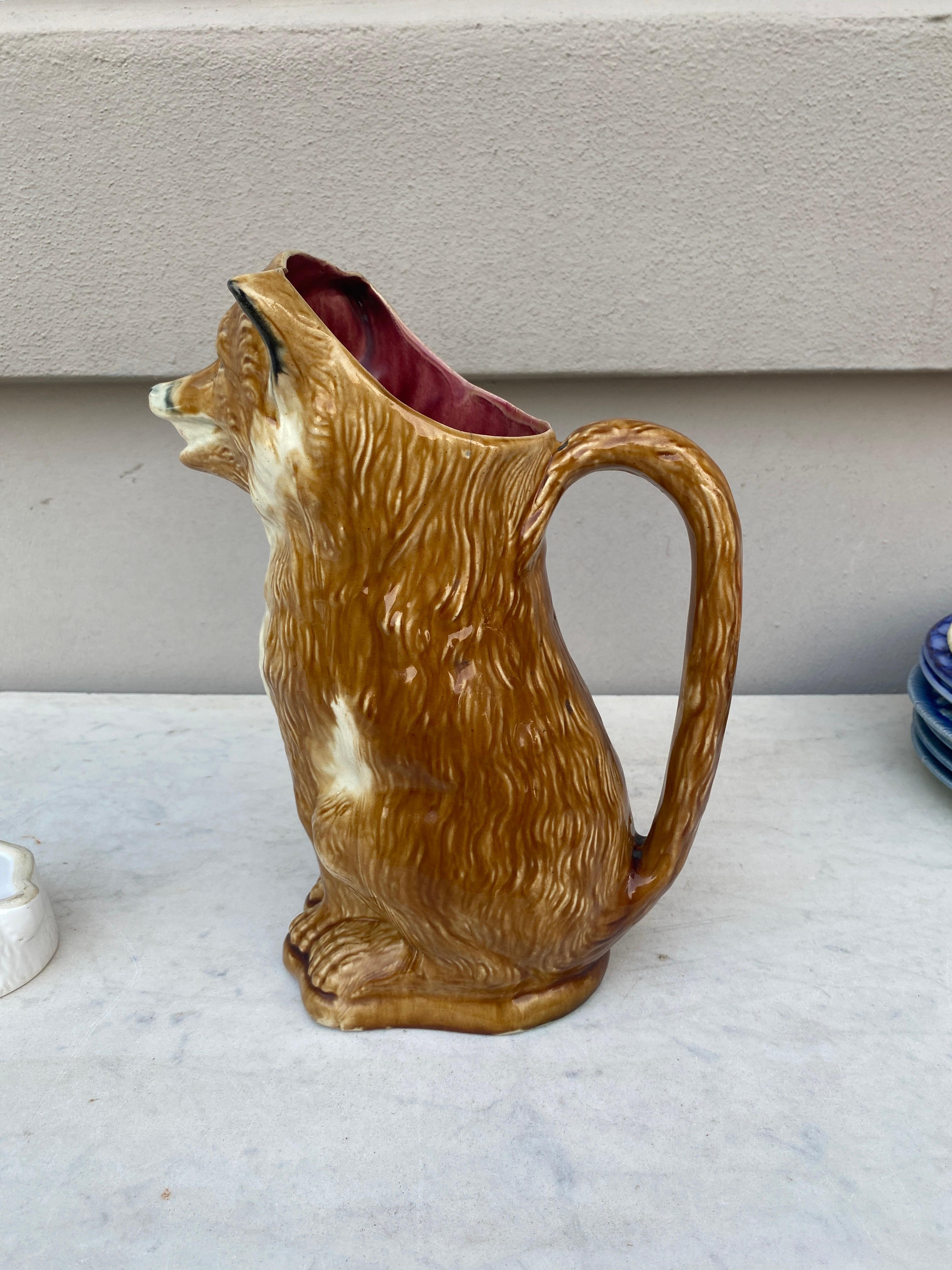 Rare French Majolica Fox Pitcher Orchies Foubert , circa 1890 In Good Condition In Austin, TX