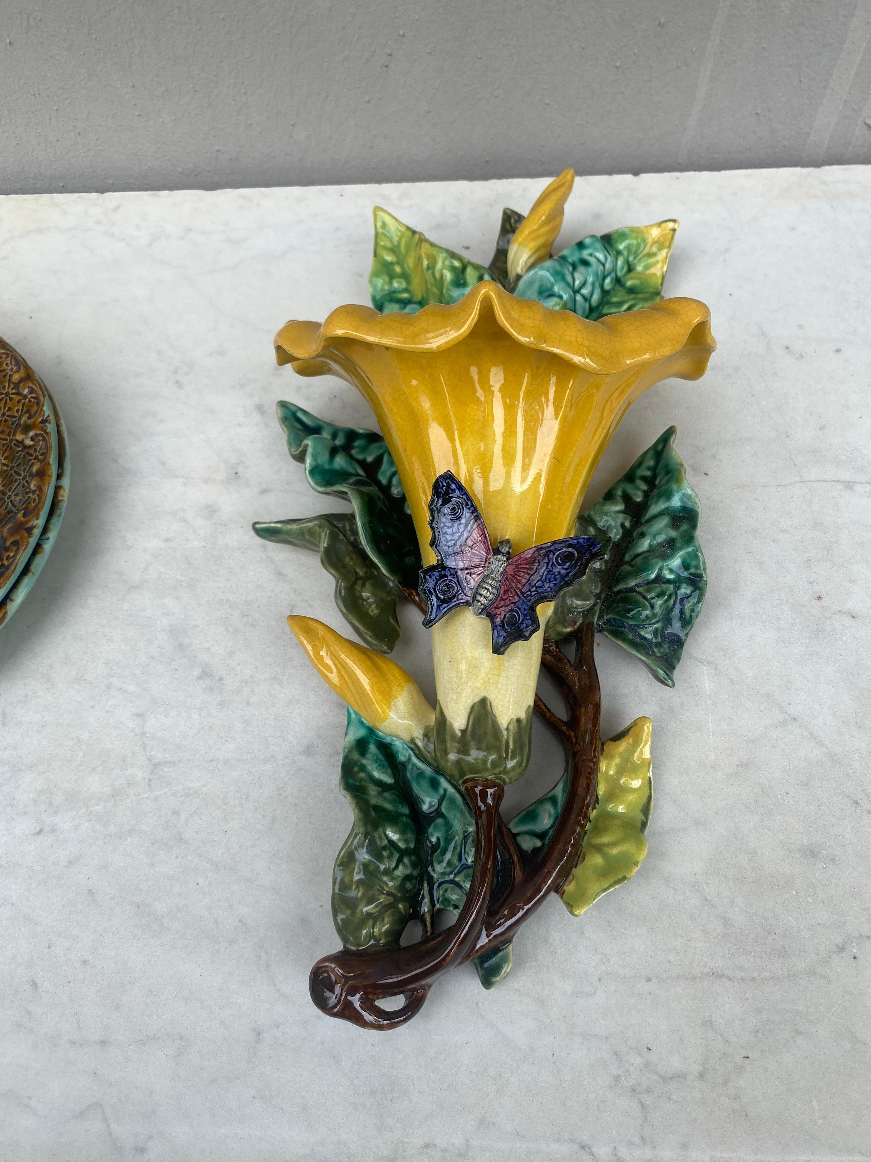 Rare yellow French Majolica morning glory wall pocket Fives Lille, circa 1890.
With a butterfly.