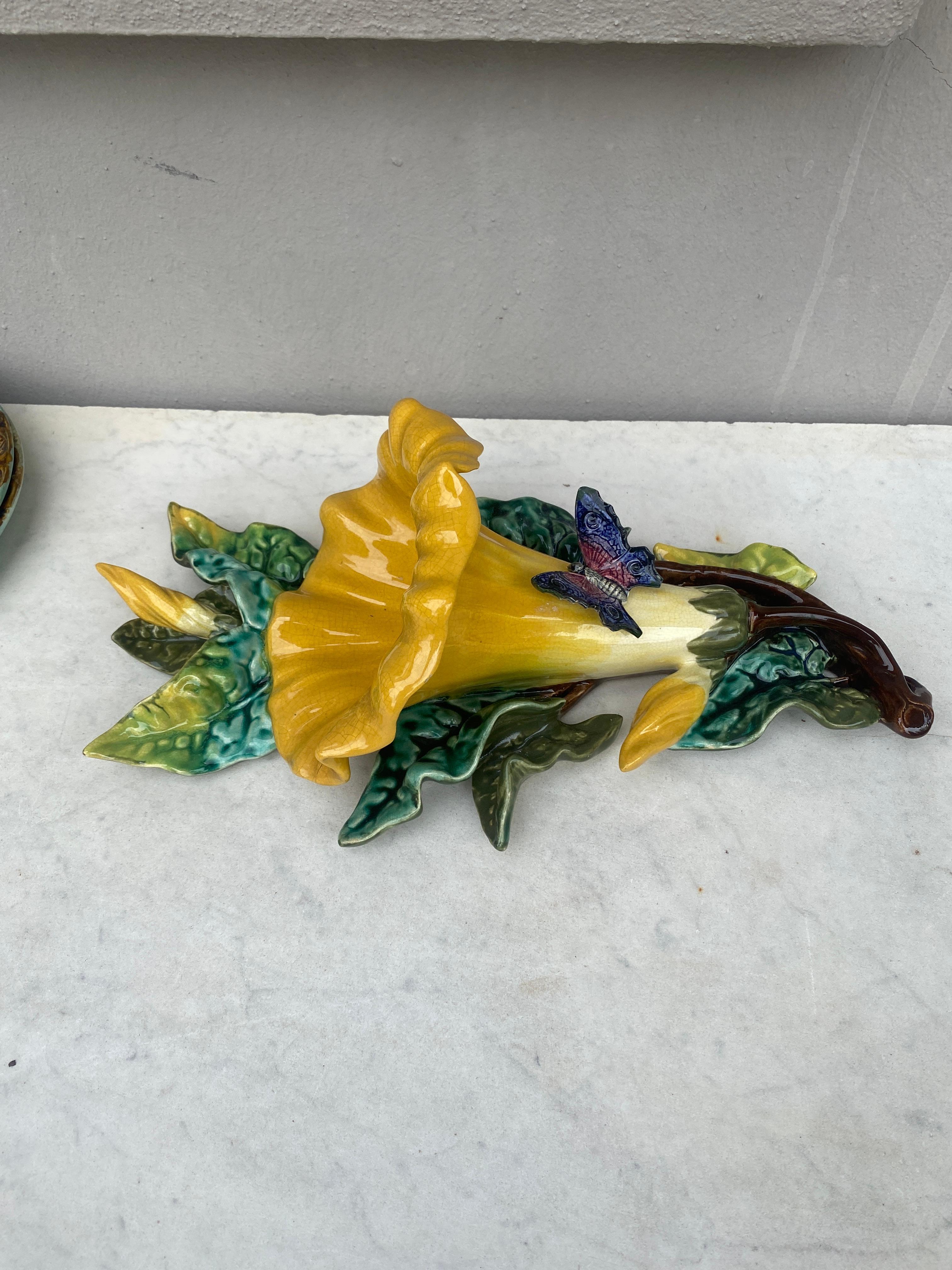 Art Nouveau Rare French Majolica Morning Glory Wall Pocket Fives Lille, circa 1890
