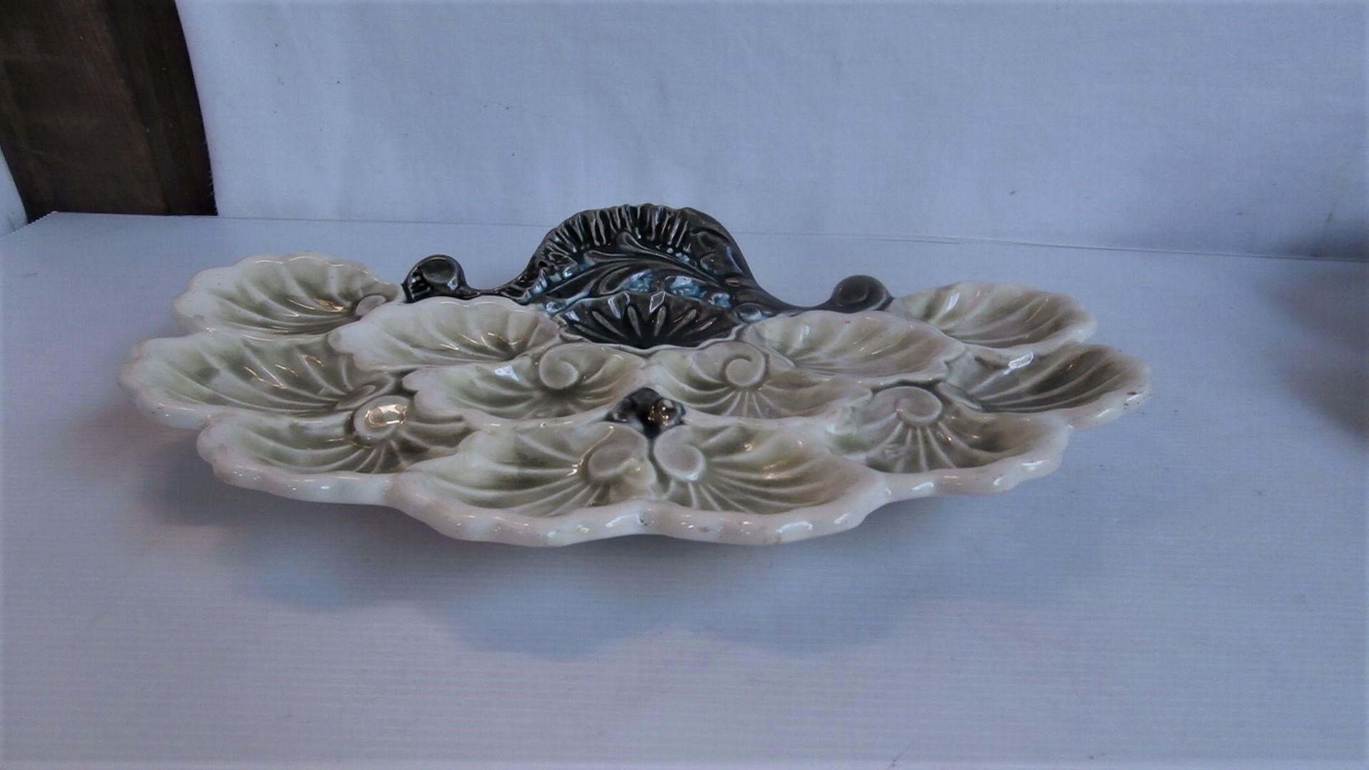 Rare French Majolica oyster platter signed Orchies, circa 1900.
 