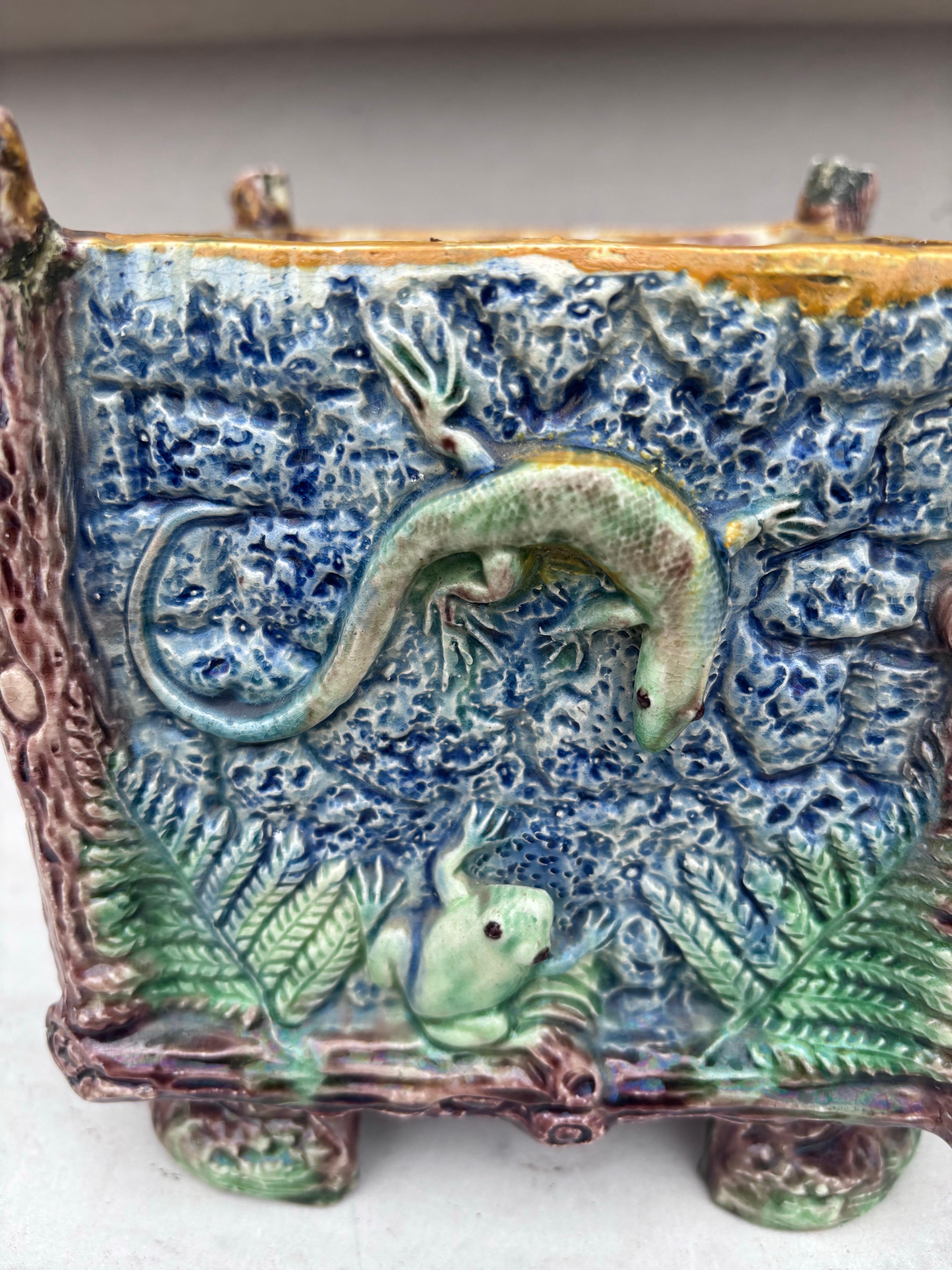 Raro cachepot in maiolica francese Palissy con rana e lucertola Thomas Sergent in vendita 3
