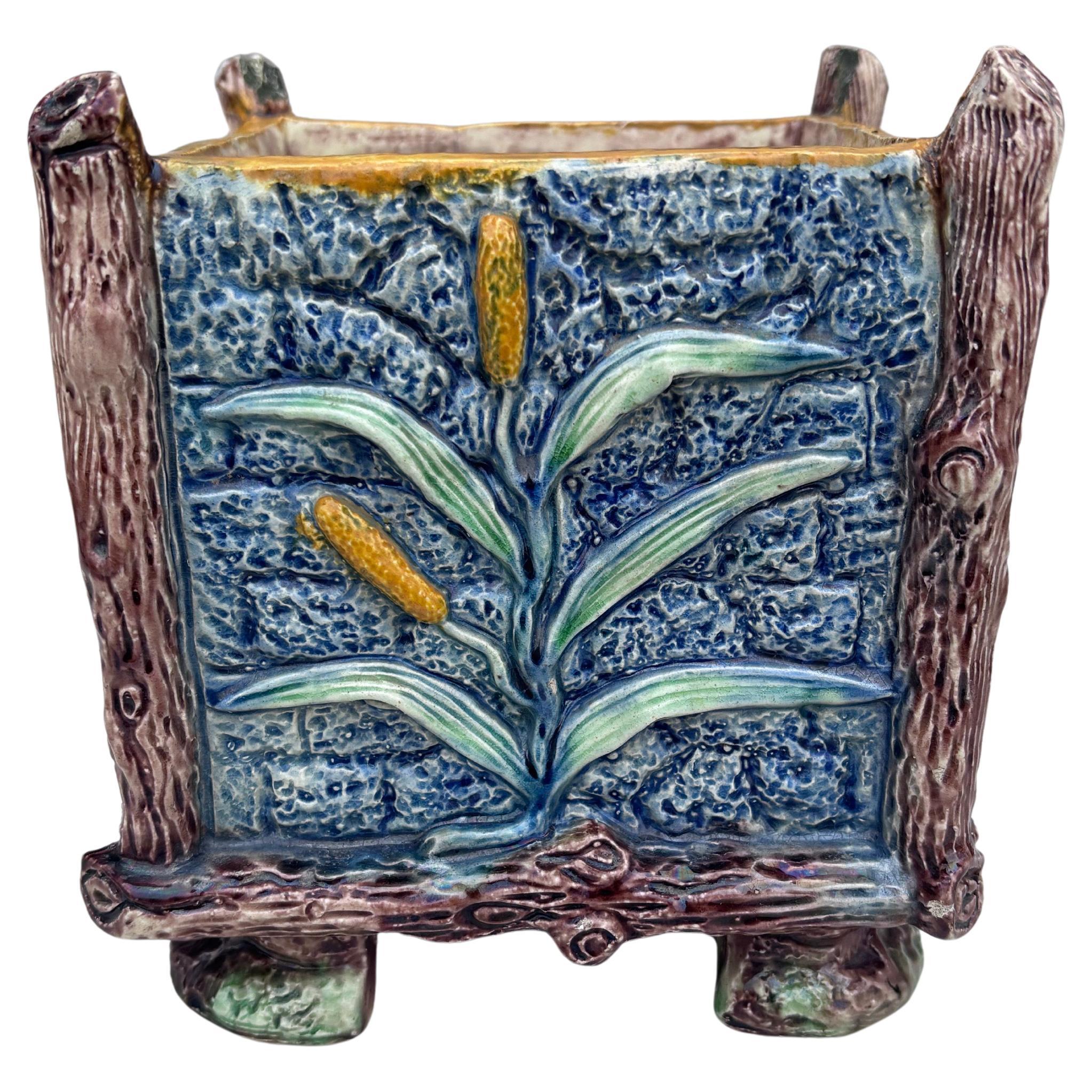 Francese Raro cachepot in maiolica francese Palissy con rana e lucertola Thomas Sergent in vendita