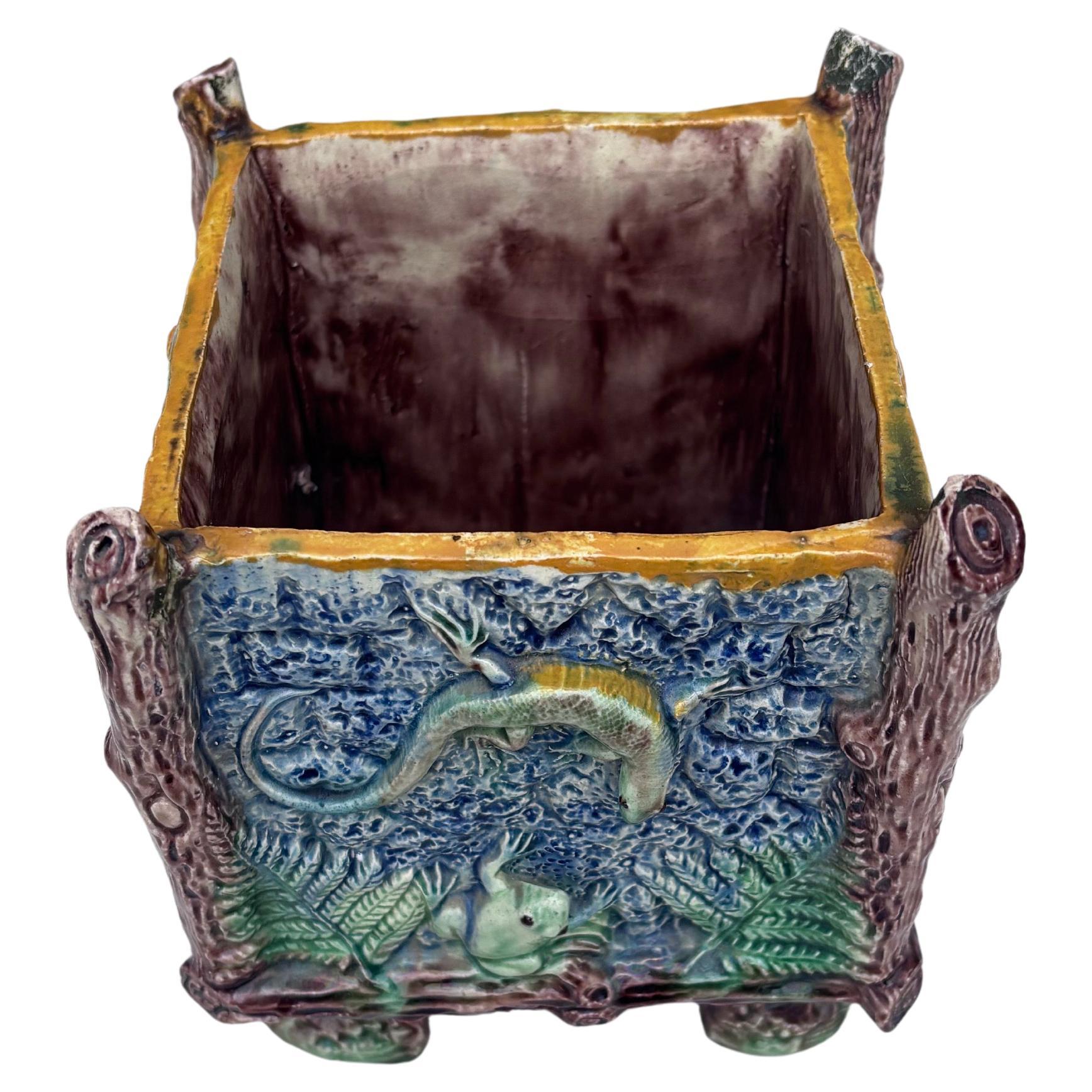 Ceramica Raro cachepot in maiolica francese Palissy con rana e lucertola Thomas Sergent in vendita