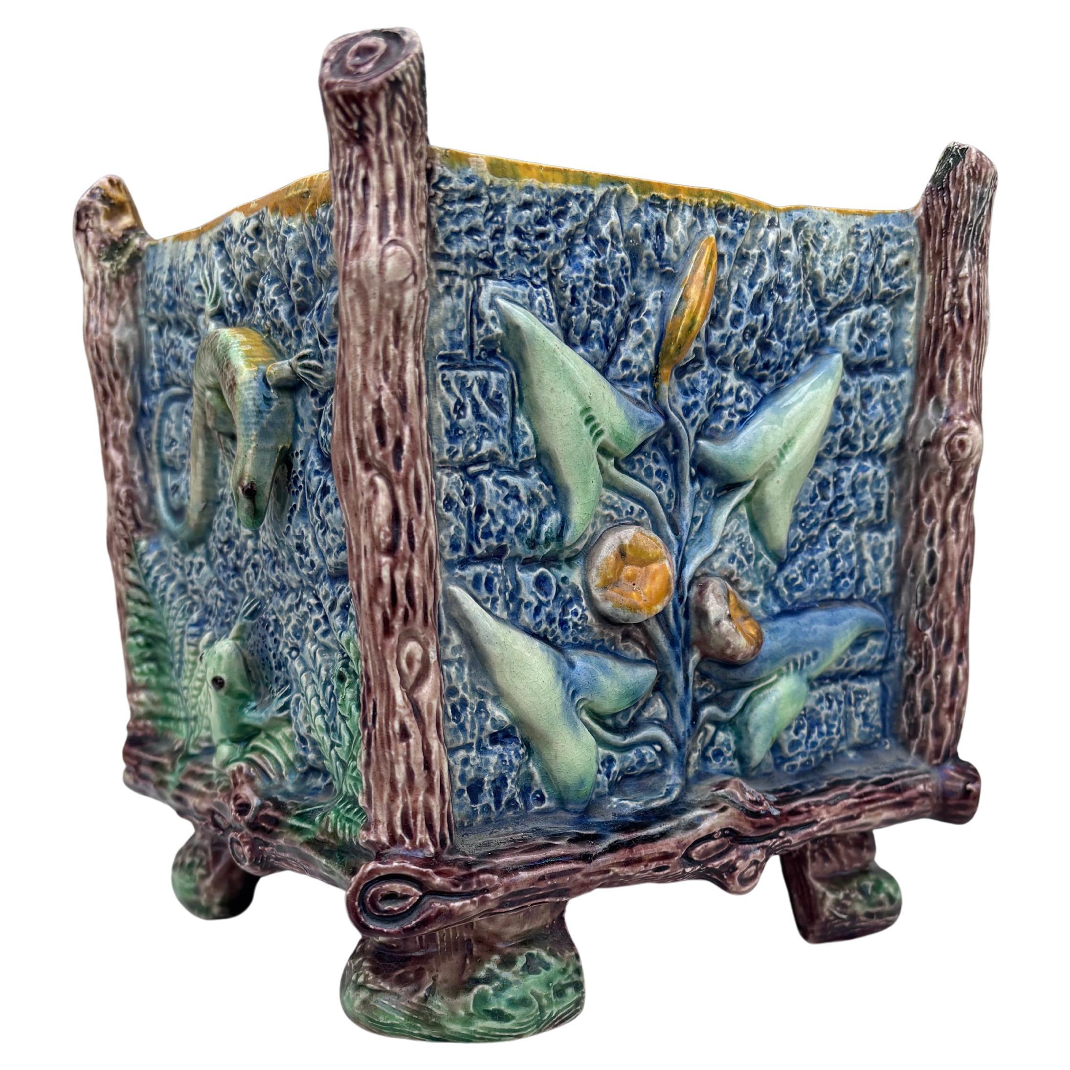 Raro cachepot in maiolica francese Palissy con rana e lucertola Thomas Sergent in vendita 1