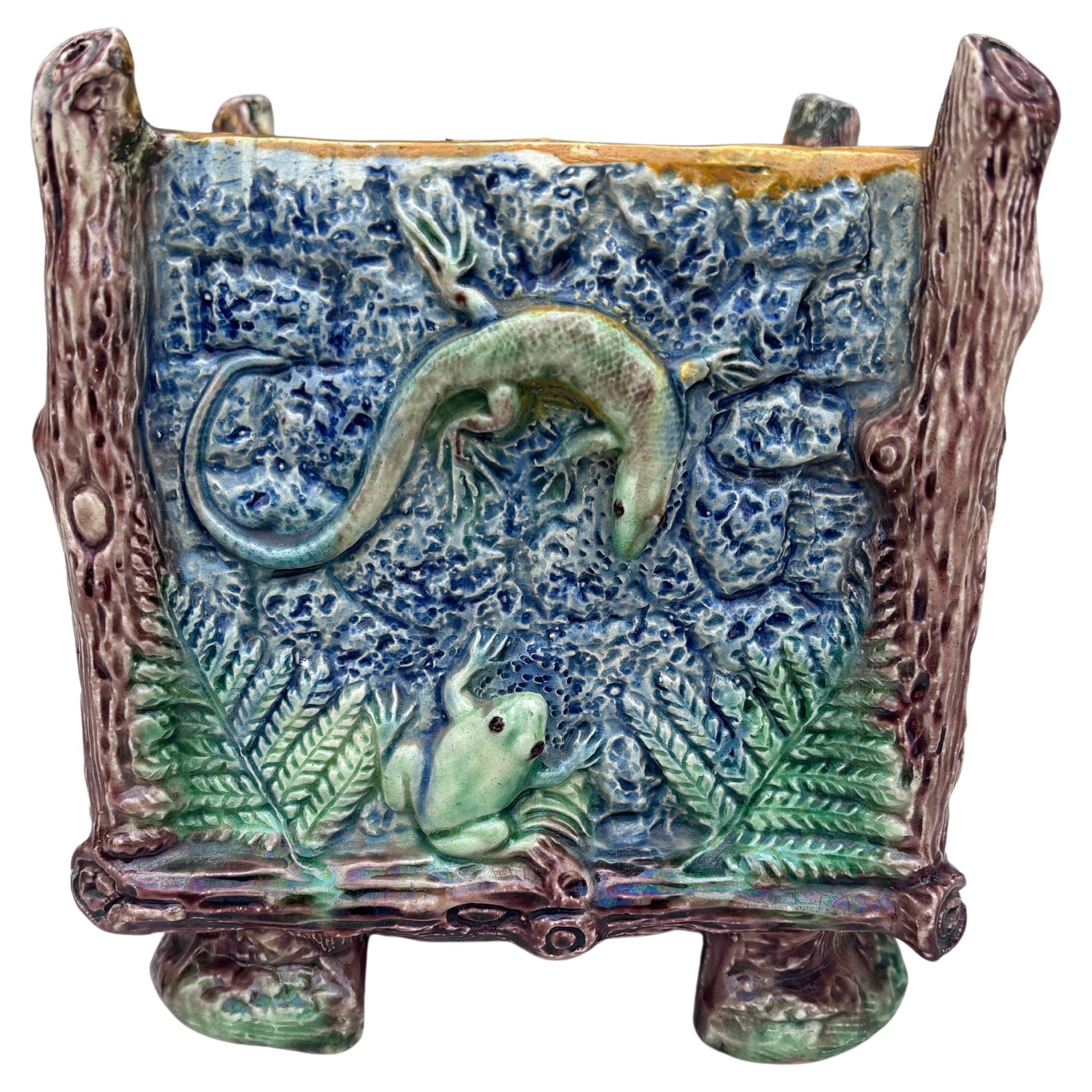 Rare French Majolica Palissy Frog & Lizard Cachepot Thomas Sergent