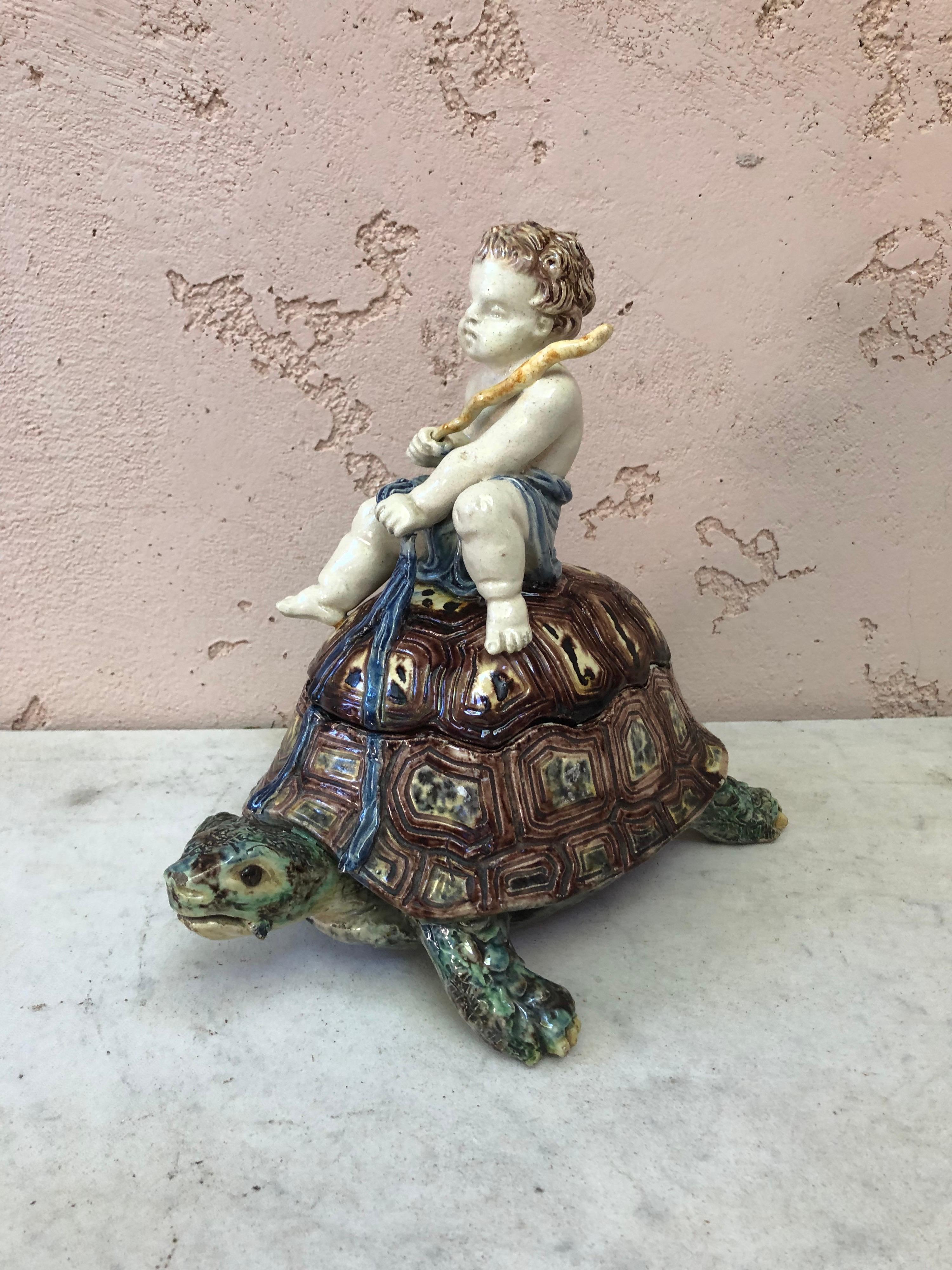 Rare French Majolica Palissy turtle & putti box Thomas Sergent, circa 1880.
Renaissance style.