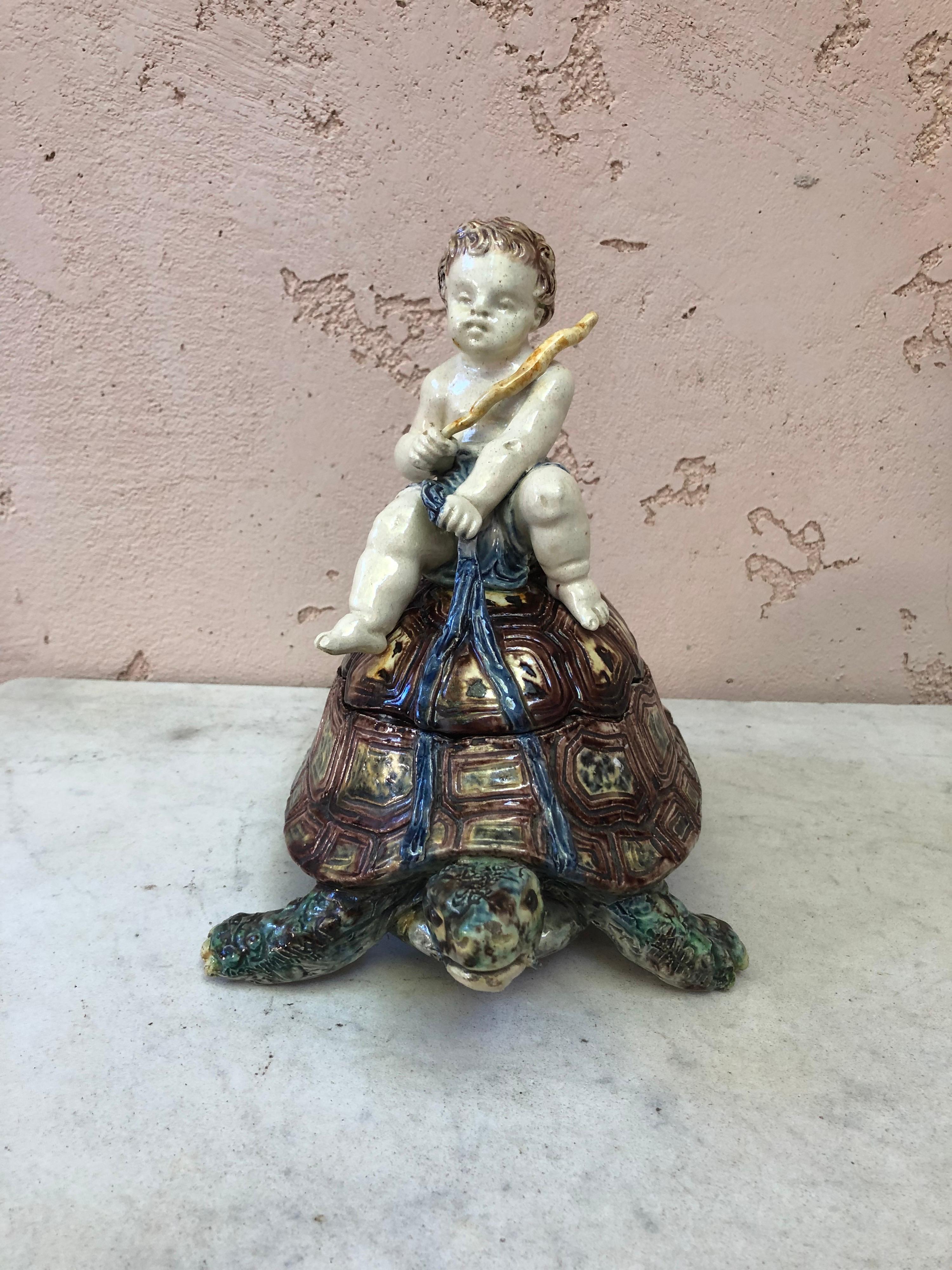 Rustic Rare French Majolica Palissy Turtle & Putti Box Thomas Sergent, circa 1880