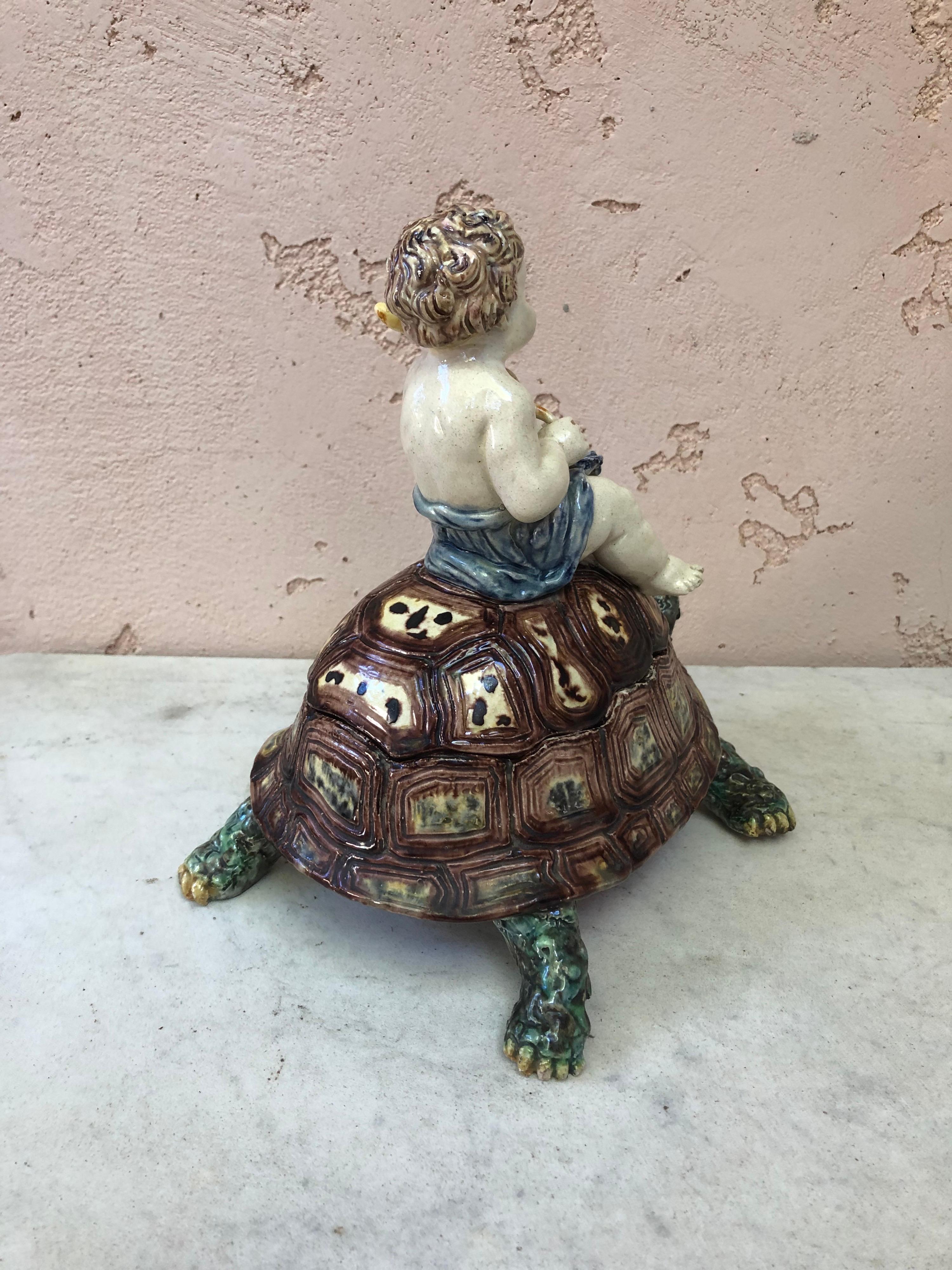 Late 19th Century Rare French Majolica Palissy Turtle & Putti Box Thomas Sergent, circa 1880