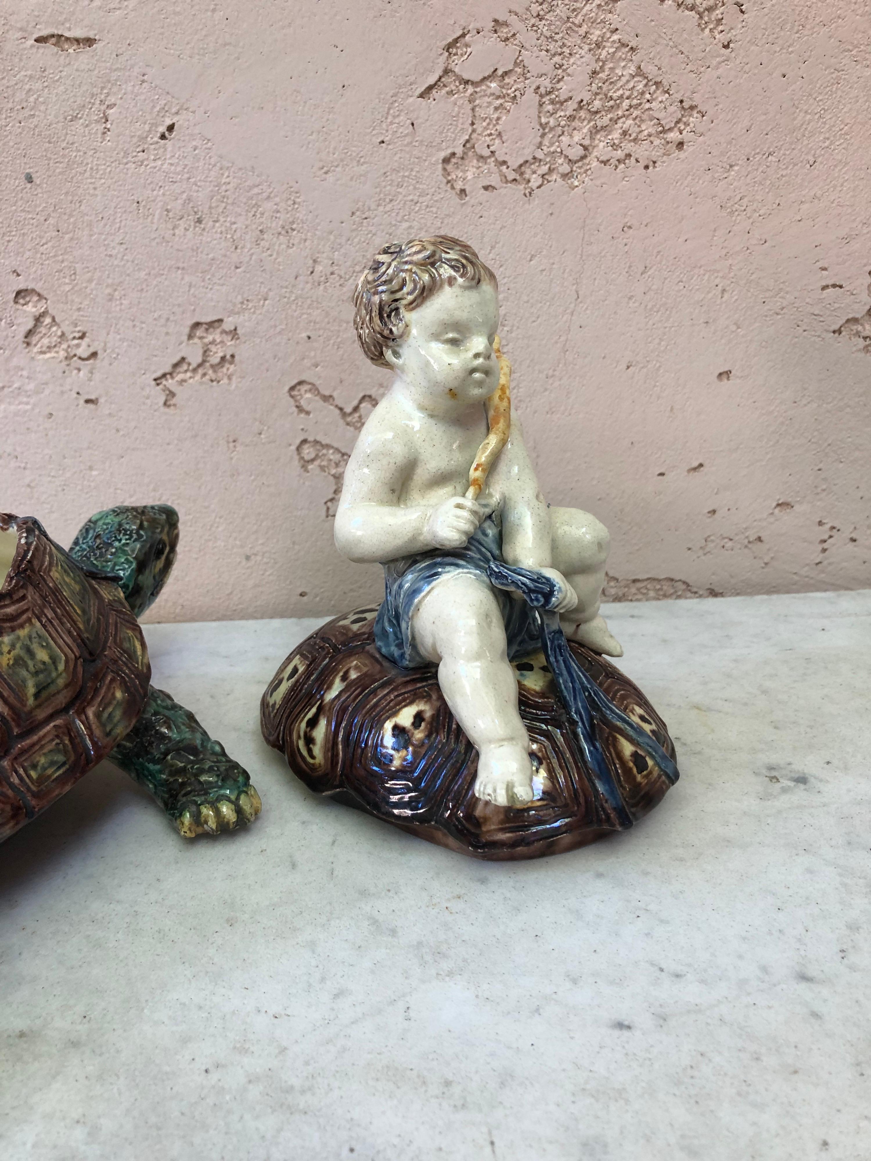 Ceramic Rare French Majolica Palissy Turtle & Putti Box Thomas Sergent, circa 1880