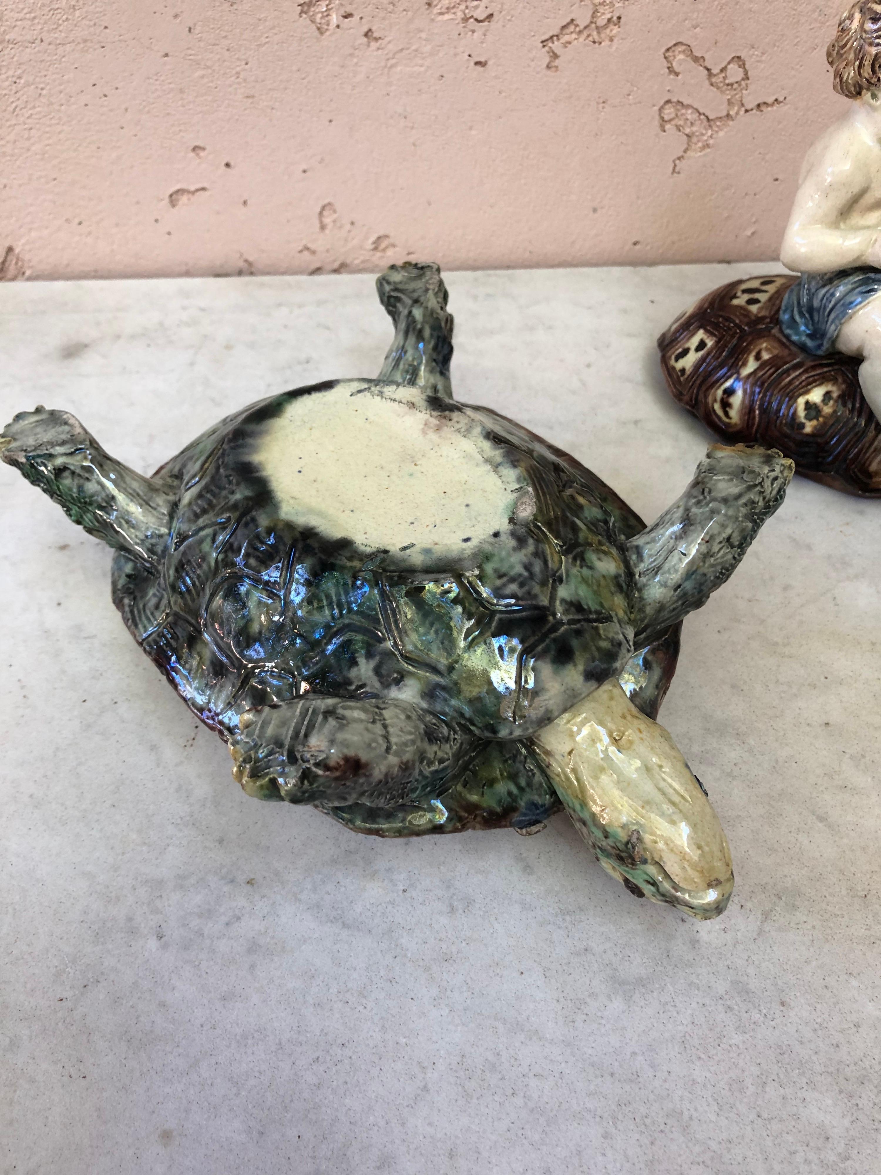 Rare French Majolica Palissy Turtle & Putti Box Thomas Sergent, circa 1880 2