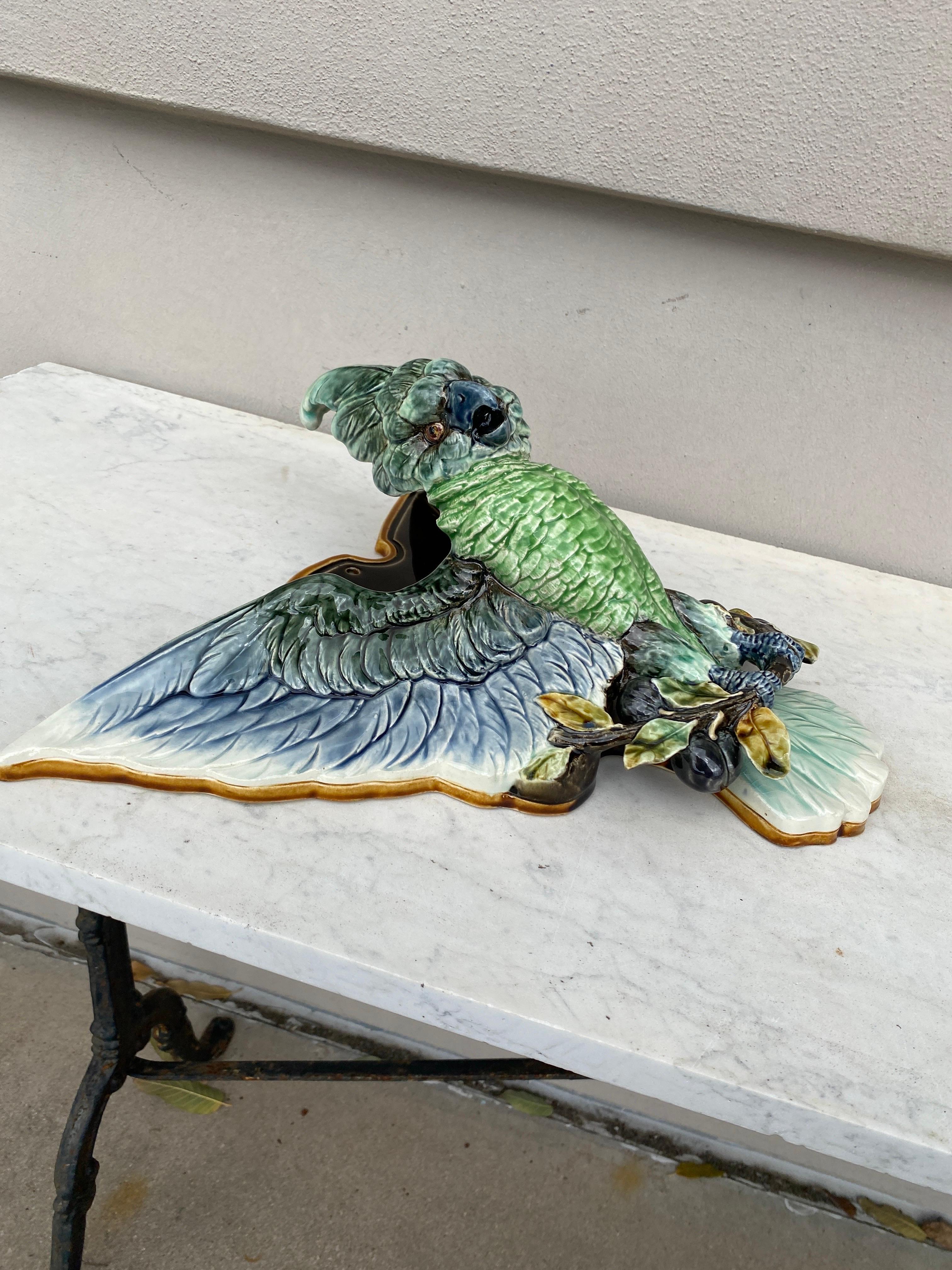 Rustic Rare French Majolica Parrot Wall Pocket Choisy Le Roi, Circa 1890 For Sale