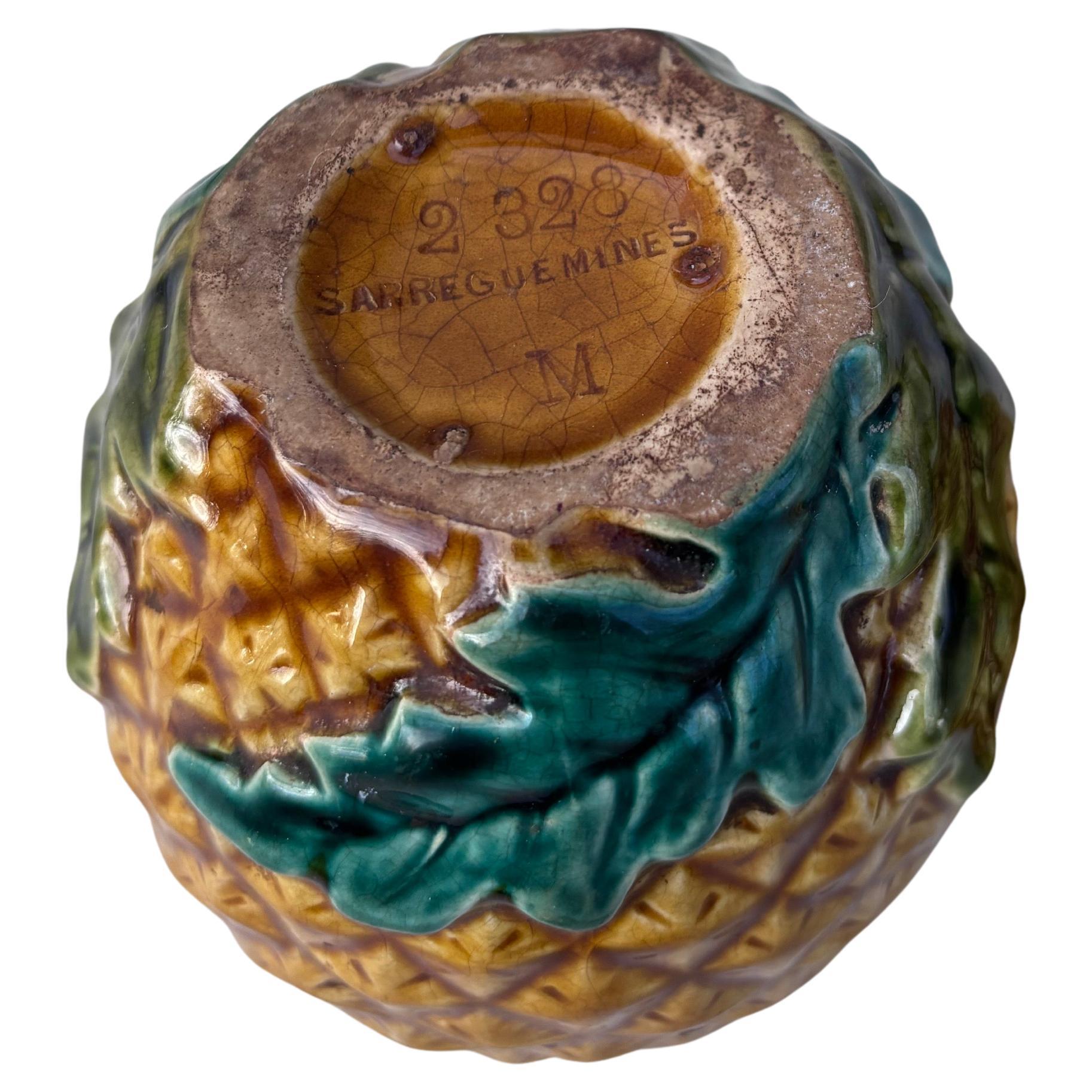 Ceramic Rare French Majolica Pineapple Basket Box Sarreguemines, circa 1890 For Sale