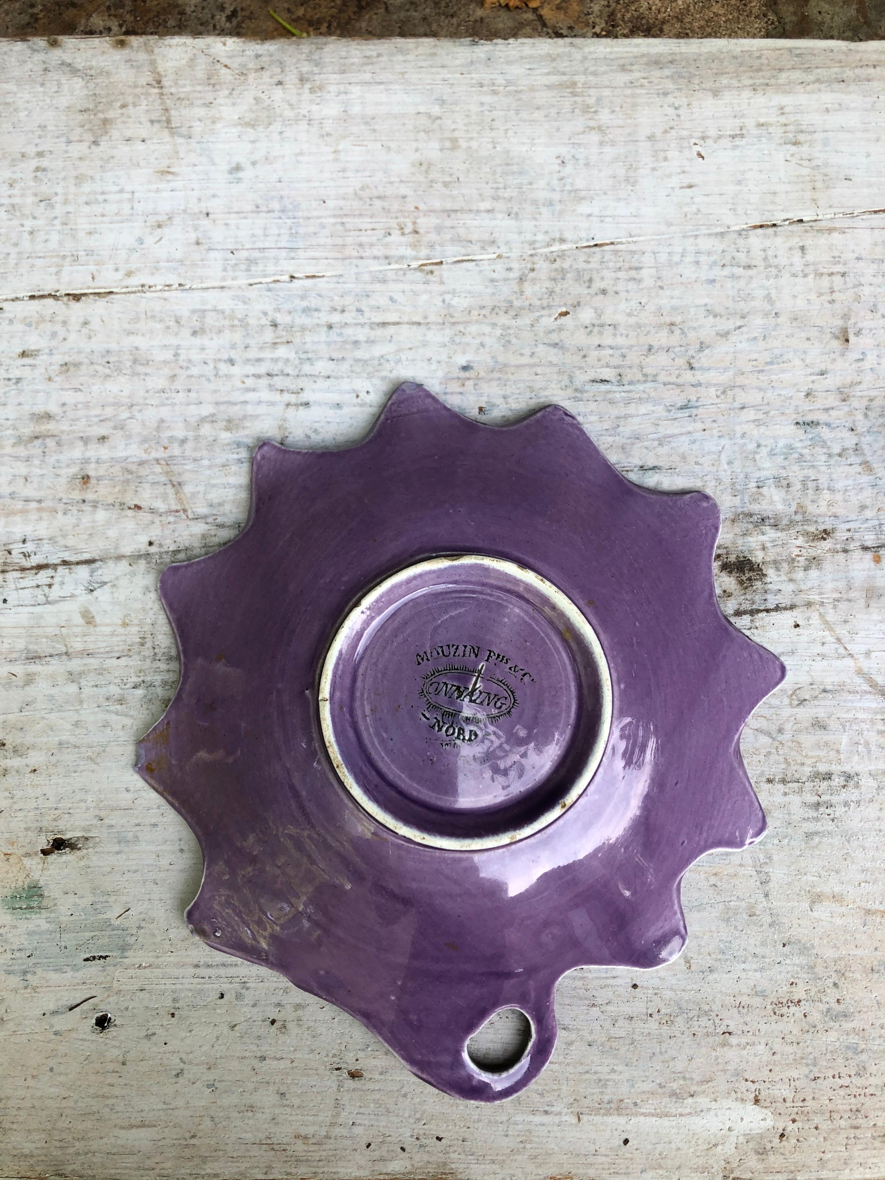Ceramic Rare French Majolica Purple Dish Leaf Onnaing, circa 1890
